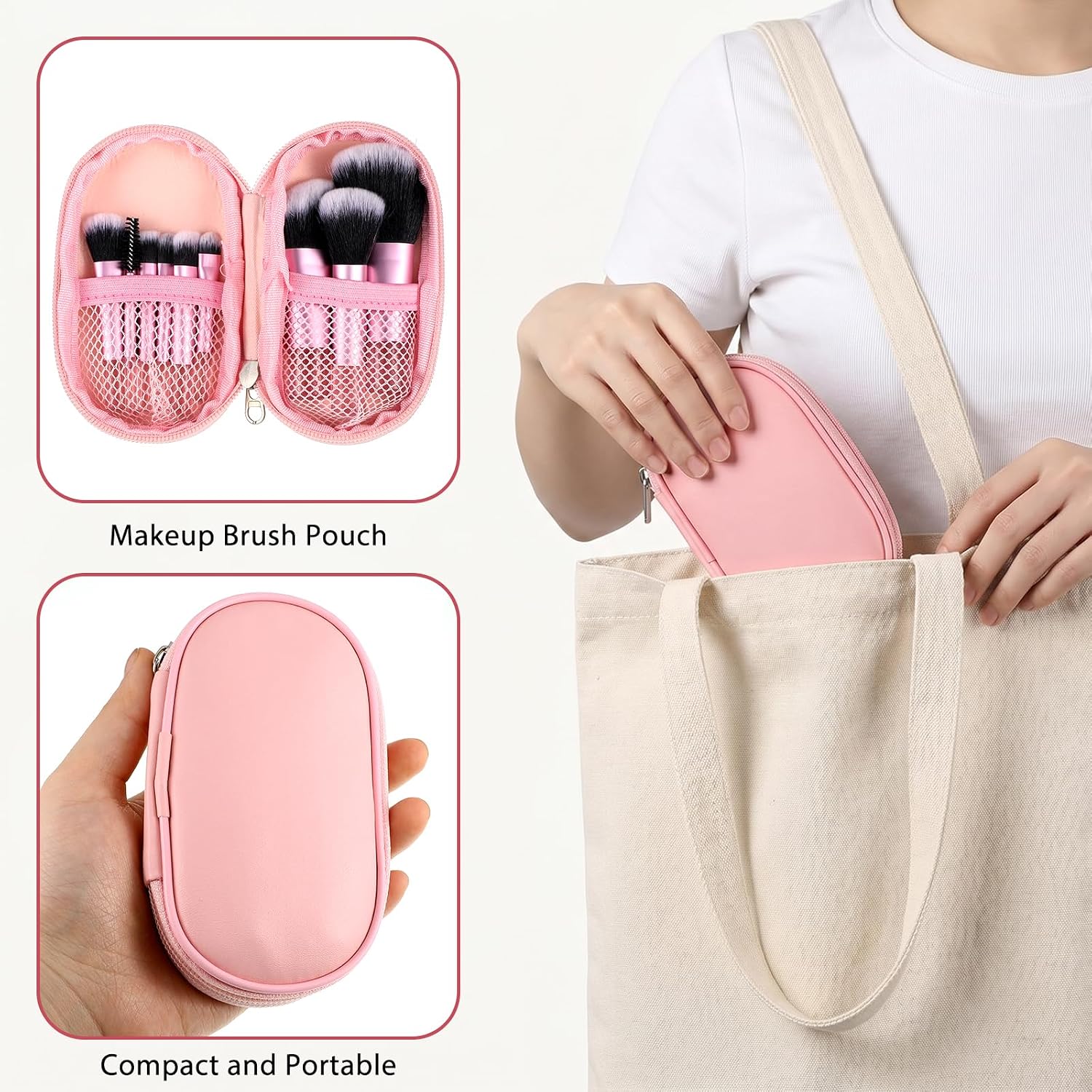 10 Pcs Mini Travel Makeup Brush Set With Pink Pouch Portable Cosmetic Brush Professional Makeup Travel-Essentials kits for Women Foundation Blush Eyeshadow Angled Brow Mascara Concealers Contour