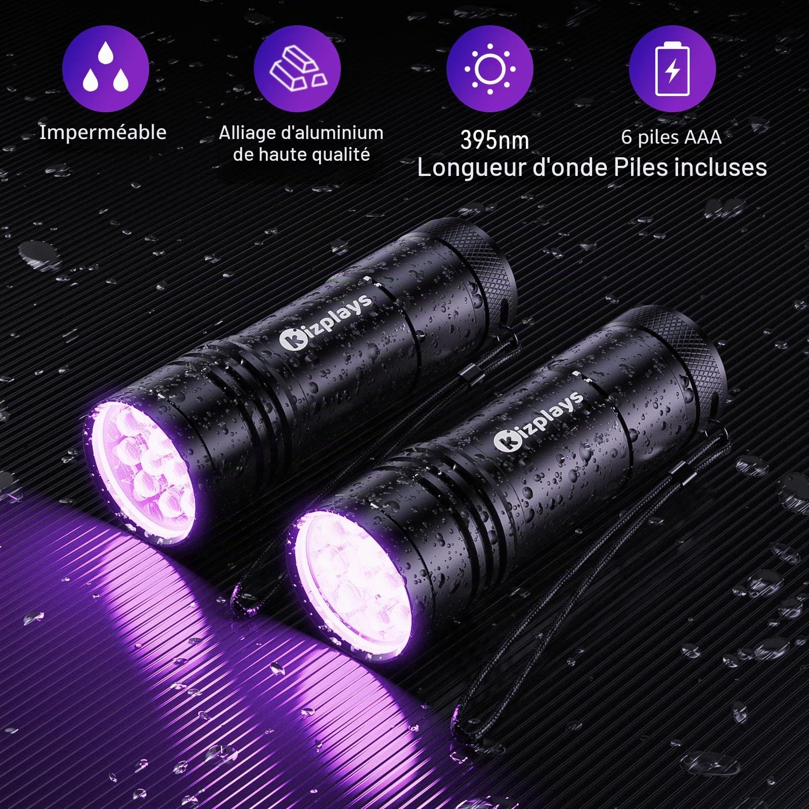 kizplays Lampe de poche UV, 395 nm, détecteur de lumière noire pour urine d'animaux, taches, punaises de lit et plus encore, 3 piles AAA incluses [Classe énergétique A+]