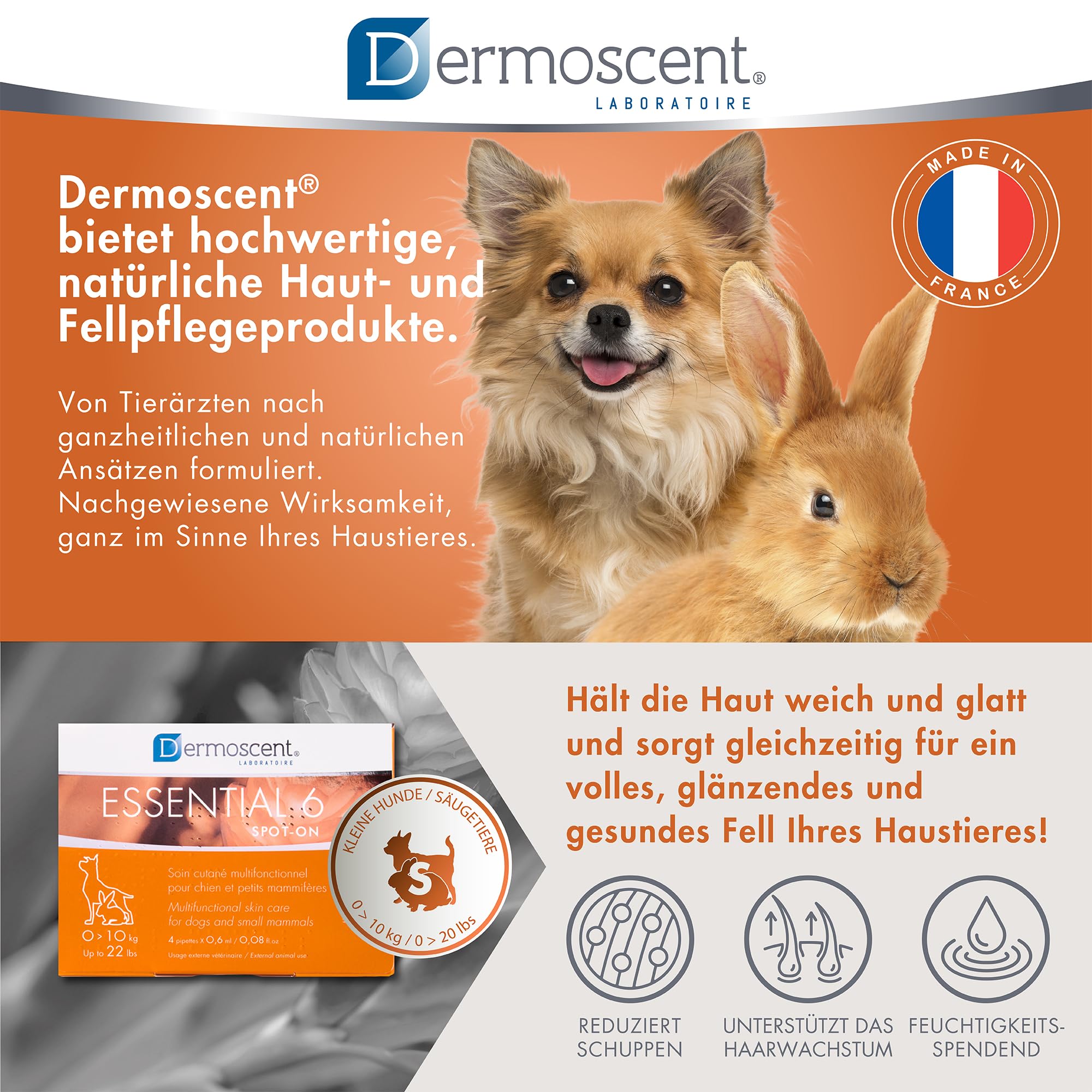 Dermoscent Essential 6 Spot-On | 4 x 0,6 ml | Für kleine Hunde, Katzen und Kleintiere | Kann zur Linderung von Juckreiz beitragen | Mit Vitamin E | Mühelose Anwendung