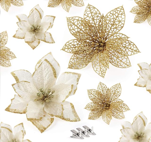 ABSOFINE Glitter Christmas Poinsettia Flower Ornaments 24Pcs Gold Artificial Flower Tree Decorations for Christmas Tree Wendy Wreaths Decor