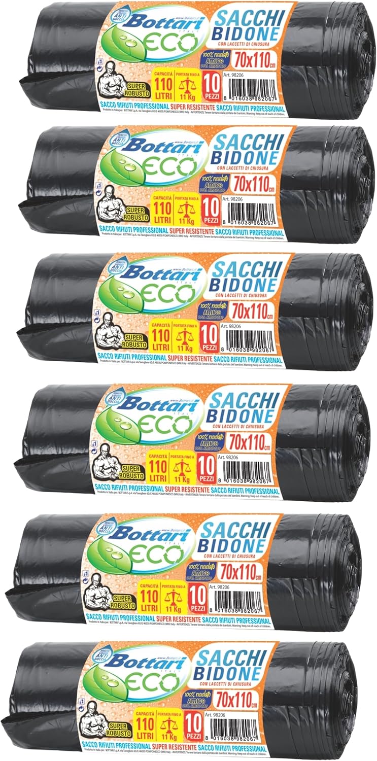 Bottari 60 Garbage Bags 110L 70 x 110 cm with Tie Straps, Black, Durable and Recycled Garbage Bags, 6 Rolls of 10 Pieces