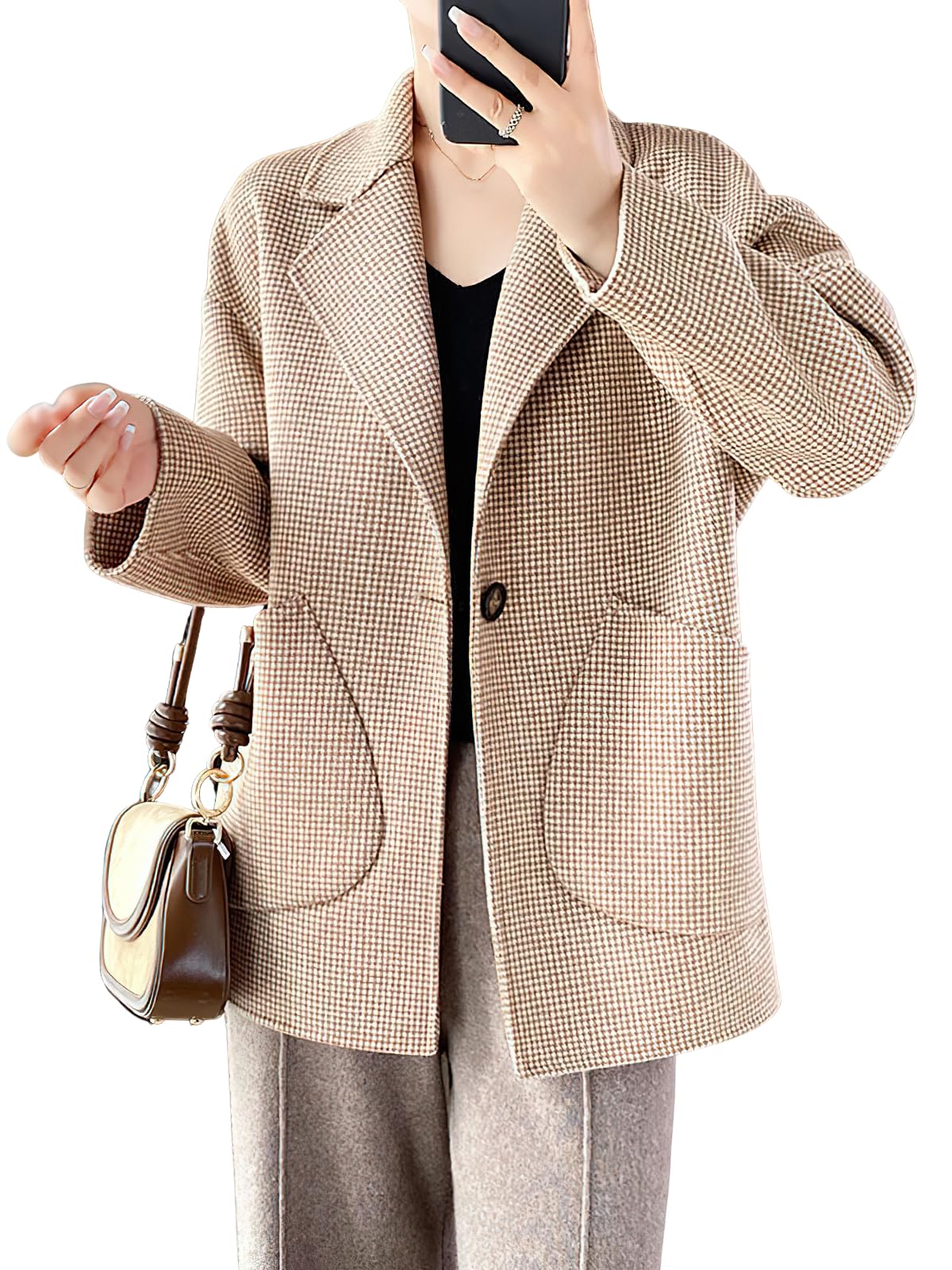 ebossy Womens Shawl Lapel Wool Blend Coat Classic 1-Button Slim Business Office Blazer Jacket Outwear
