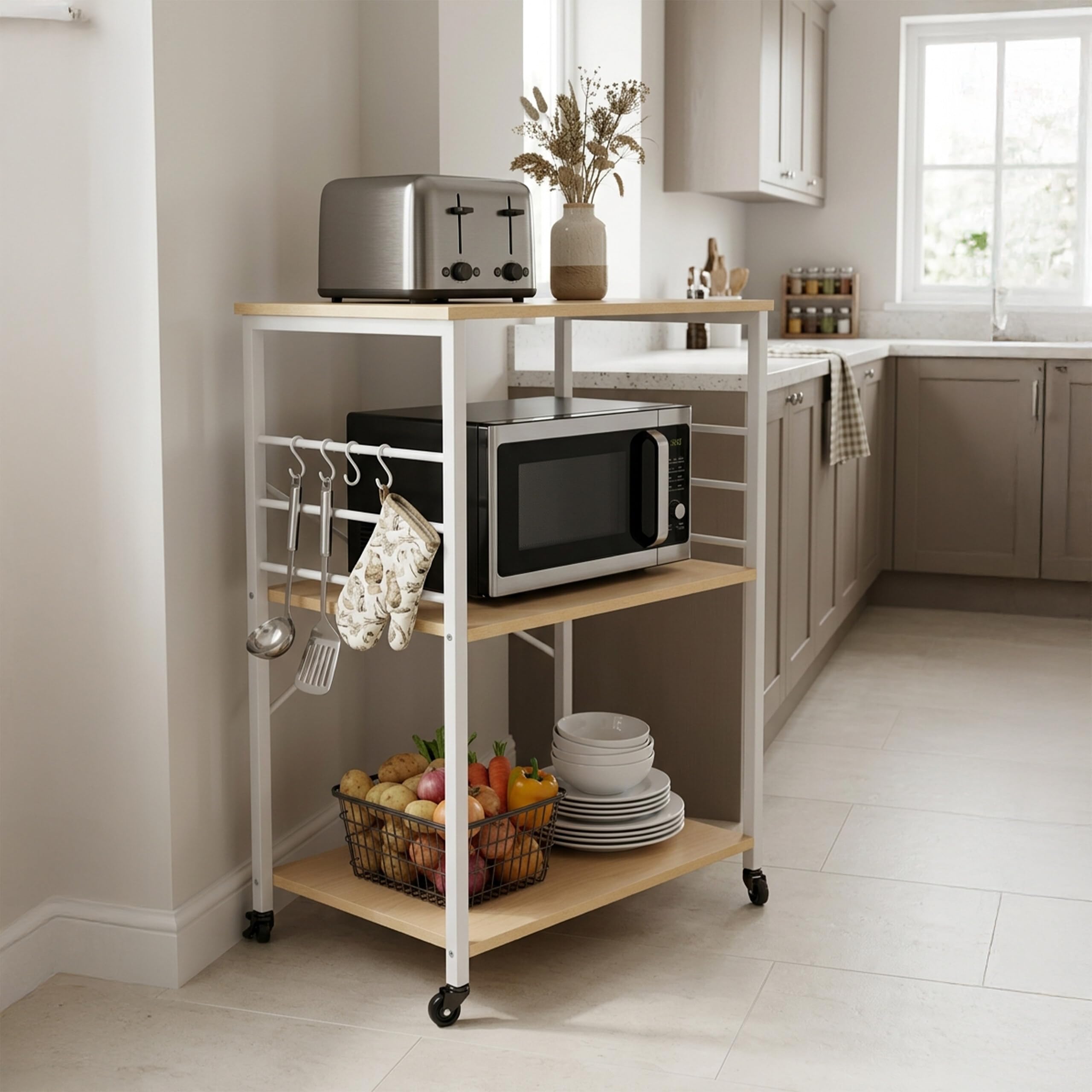 Relaxdays Carro de Cocina, 3 estantes, 6 Ganchos en S, Natural/Blanco