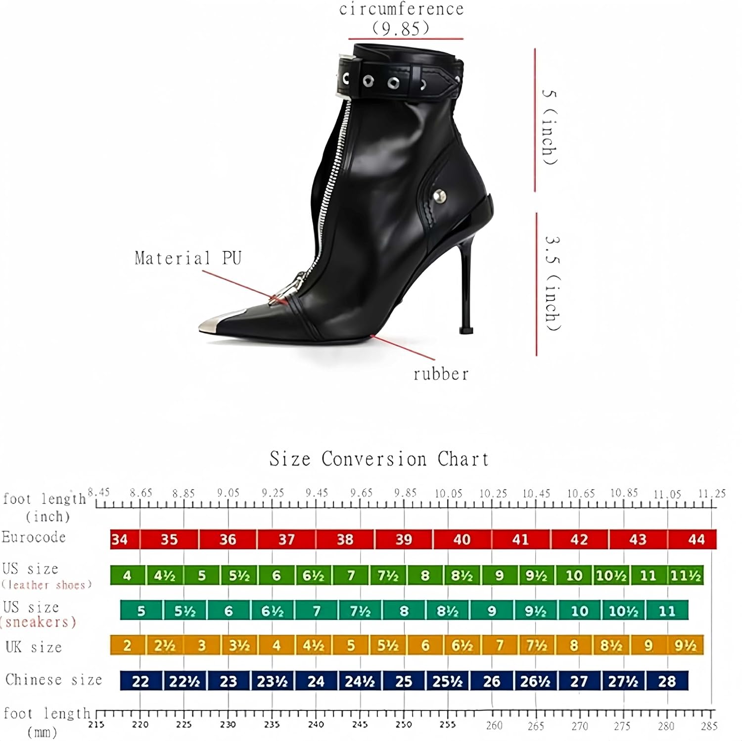Women's Fashion Metal Pointed Toe Heel Boots Sexy Zip Ankle Stilettos Booties with Strap Buckle Party Dress High Heels for Women