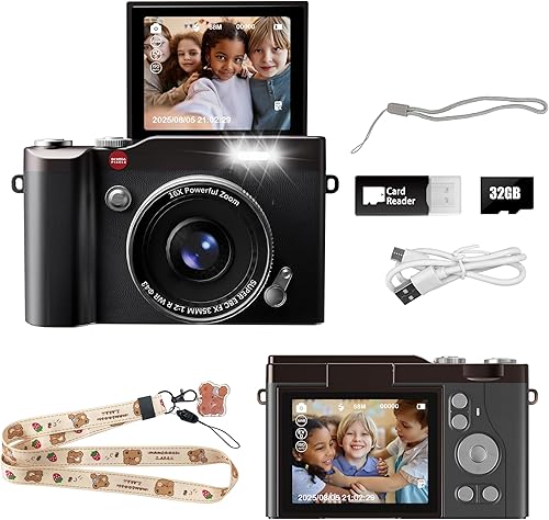 Cámara digital para niños de 64MP 1080P con pantalla abatible de 32 GB, tarjeta SD de juguetes para niñas de 3 a 12 años de edad y regalos Negro
