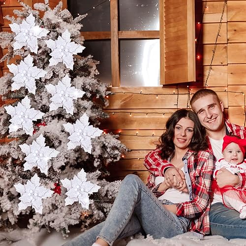 Miniatura 6 de Waydress 16 piezas de flores de Pascua artificiales con purpurina para árbol de Navidad, decoración de Navidad con tallo, corona de Navidad