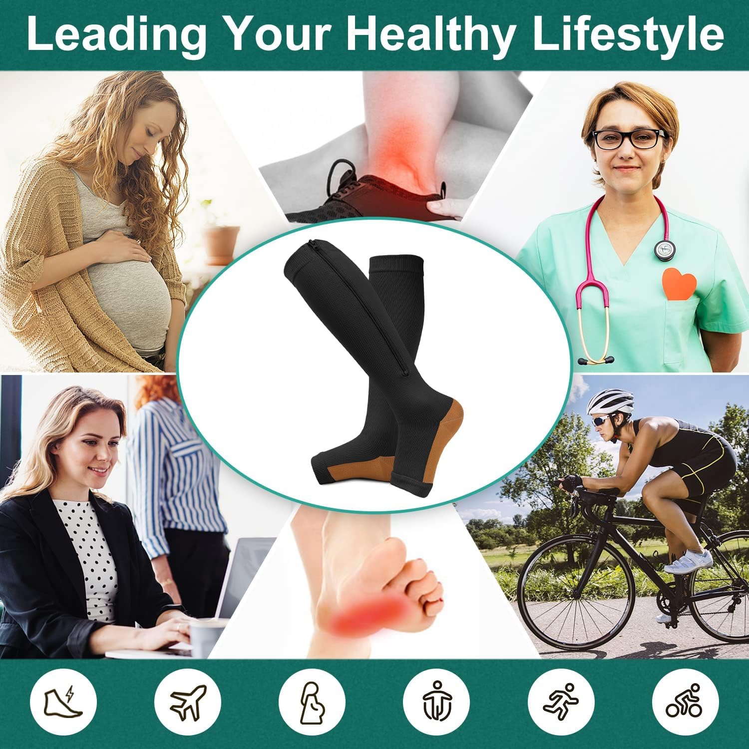 2 Pairs Copper Zipper Compression Socks 15-20mmgh-Calf Knee High Open Toe Support Stocking Compression Stocking - Image 5