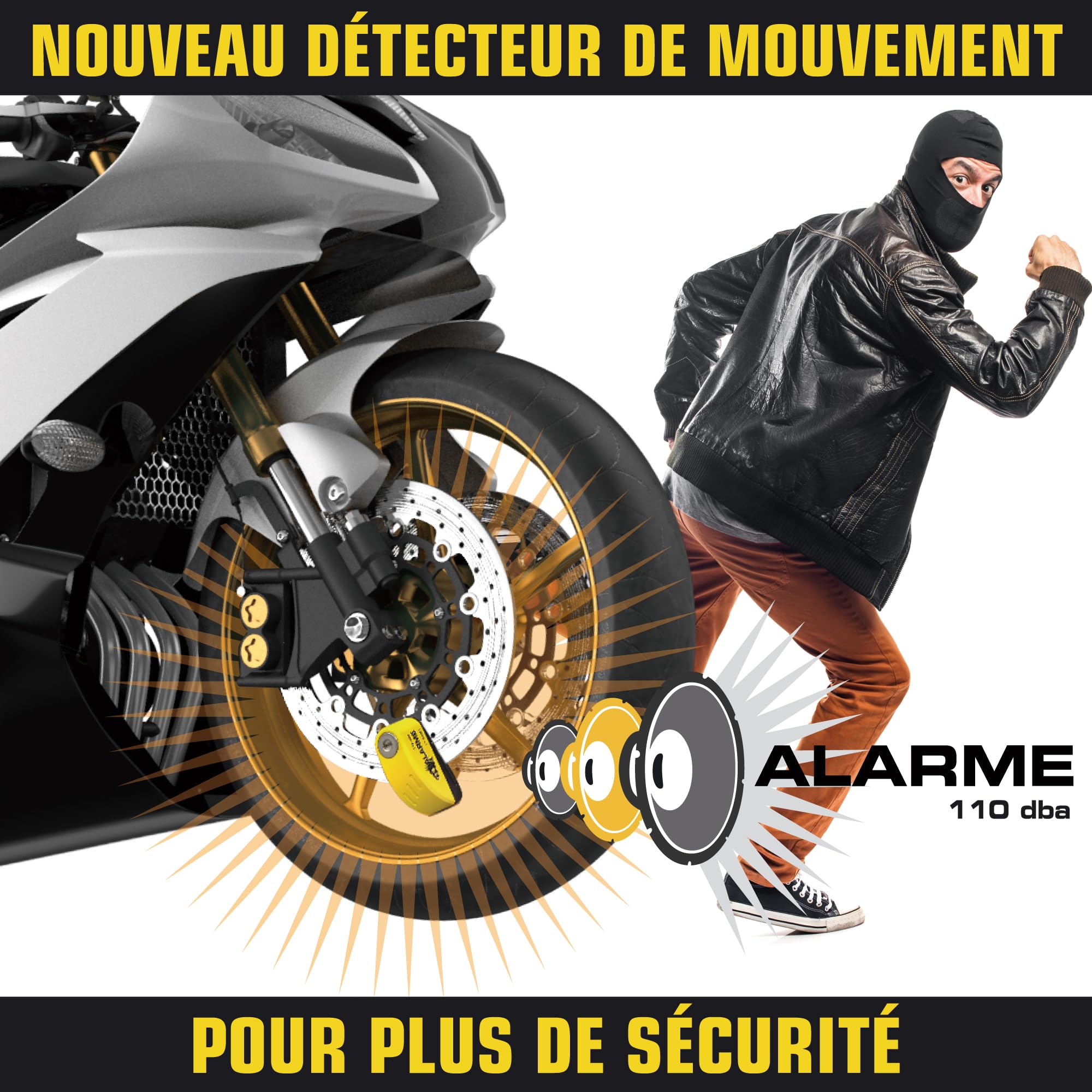 FR SECURITE FR7Y Antivol Moto, Bloc Disque Alarme 110db, Bloque Disque de Haute Sécurité avec 1.5m Câble Rappel, 6 Piles de Rechange et Sac pour Cadenas, Disc Lock pour Moto, Velo, Vespa
