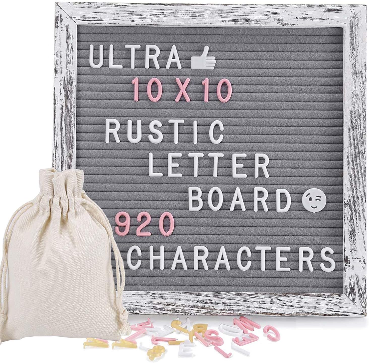 Letter Board, Felt Letter Board with 920 PCS Replaceable Letters, 10x10 Inches Solid Oak Wood Material, Decorative Display Board Designed with Metal Hook (Rustic Grey)