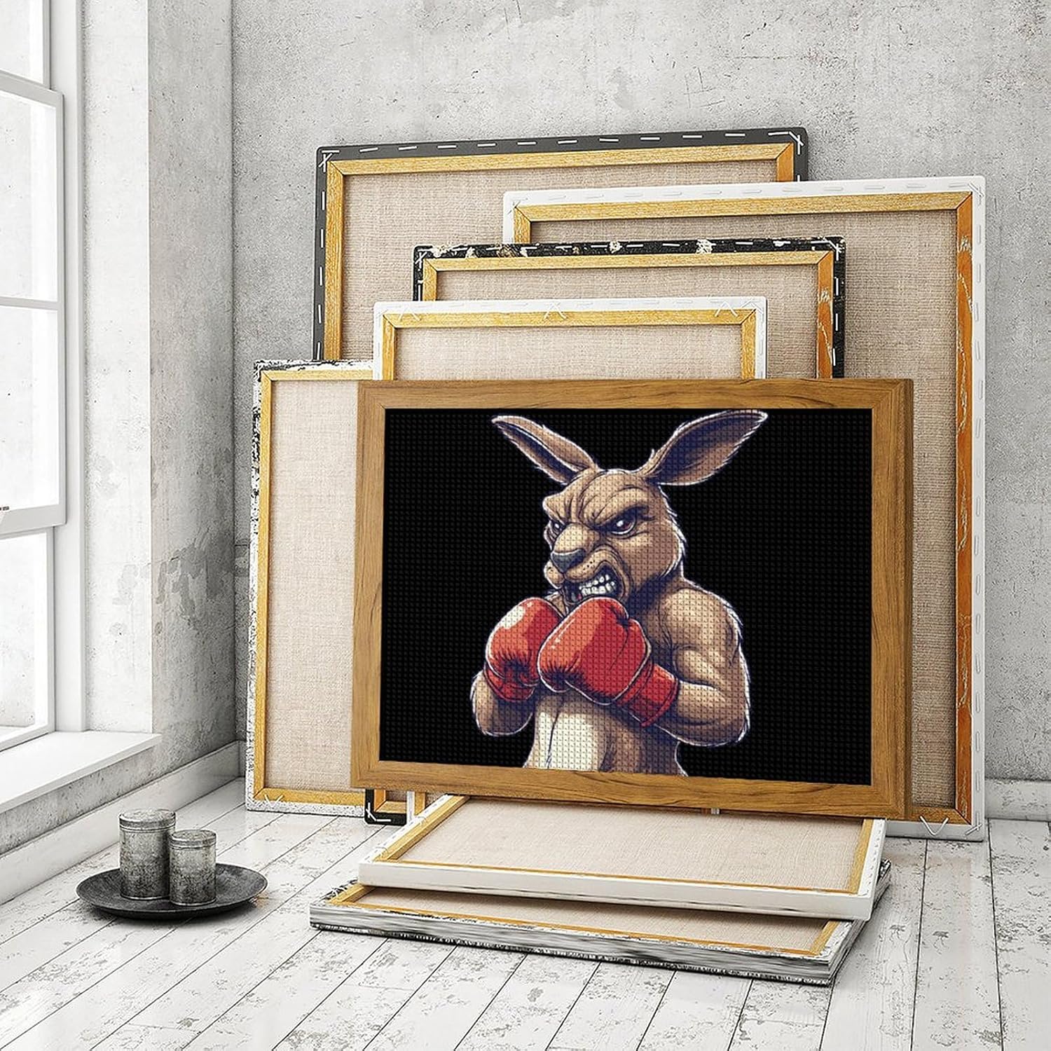 Boxing King Kangaroos Printed Diamond 5D Painting Kits DIY Full Drill Crafts for Home Wall Decor 16x20 Inch Yellow Wood 50 * 40cm
