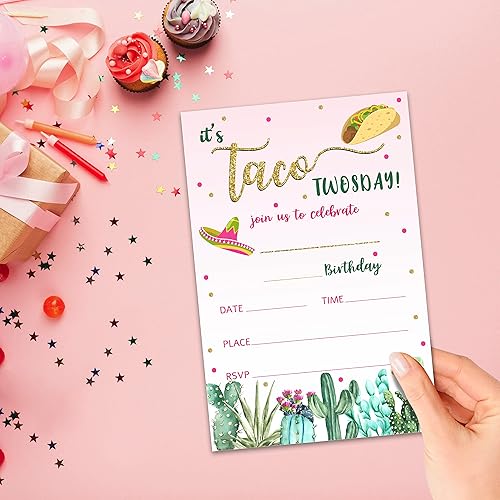 Miniatura 4 de Taco Twosday - Tarjetas de invitaciones para fiesta de cumpleaños, suministros de fiesta de cactus para niños, niños o niñas, 20 invitaciones de