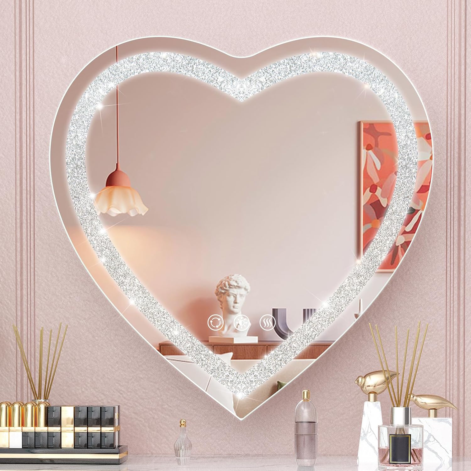 24x24 Heart Shaped Mirror Crushed Diamond, RGBWY LED Heart Vanity Mirror with Lights, 3 Lighting Modes and 7 Static Colors, Wall Mounted LED Bathroom Mirror, Dimmable, Memory Function