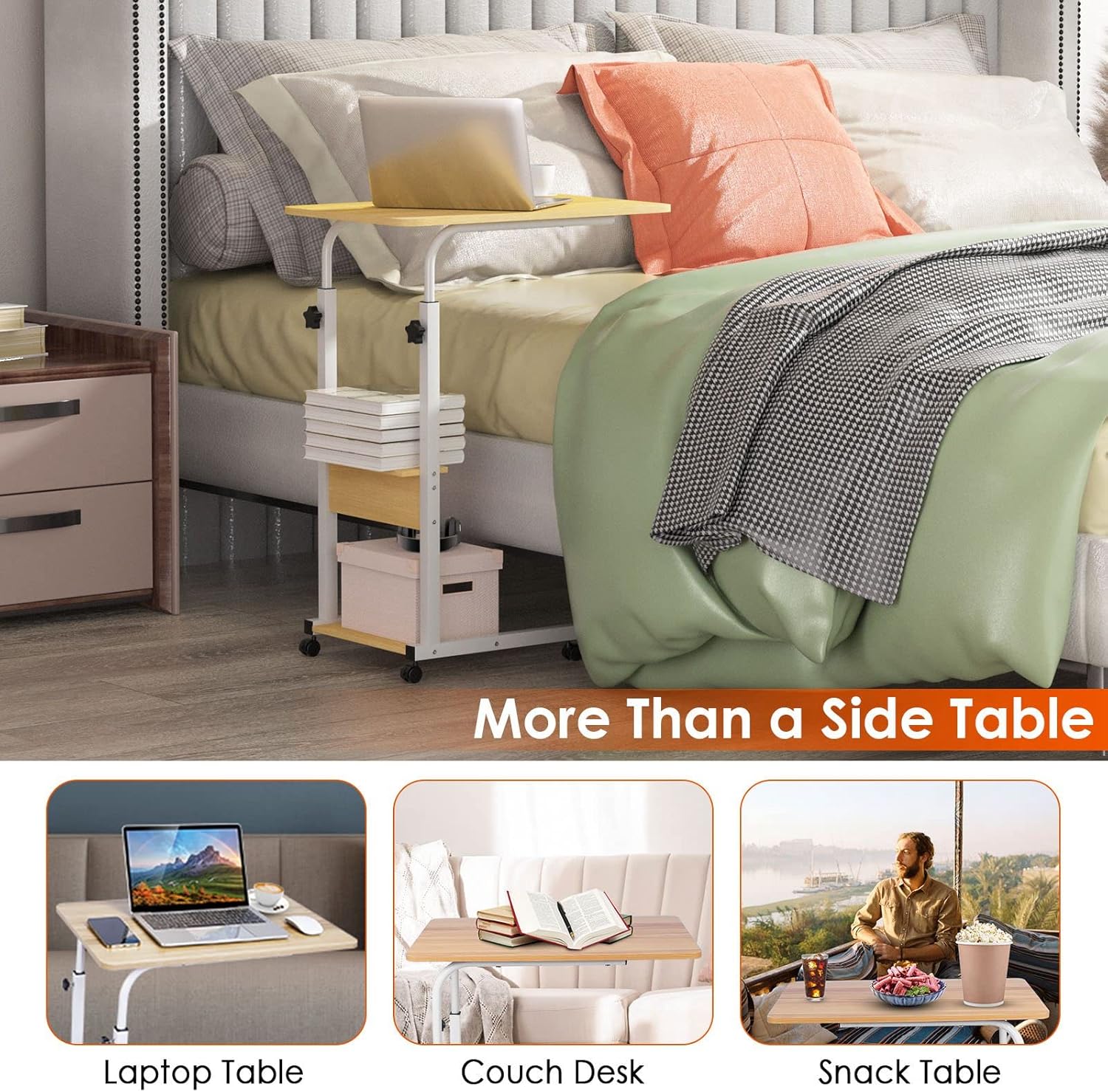 TeqHome C Shaped End Table, Height Adjustable C Side Table with Metal Frame, 4 Wheels and Storage Shelves, Rustic Snack TV Tray Table for Couch, Bed, Sofa, Living Room, Bedroom (Wood Color)