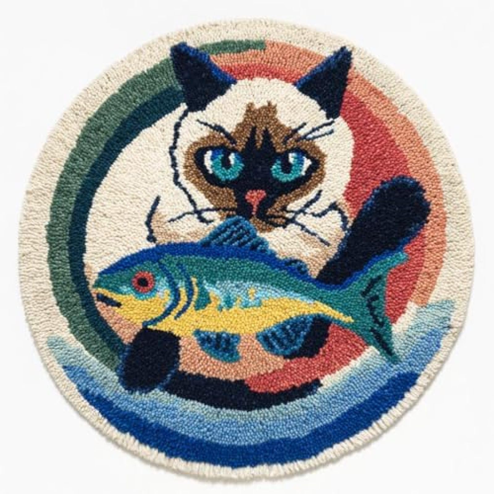 XDEGHUANGSS Latch Hook Rug Kit Siamese Cat Catch Fish Round Rug 52x52cm