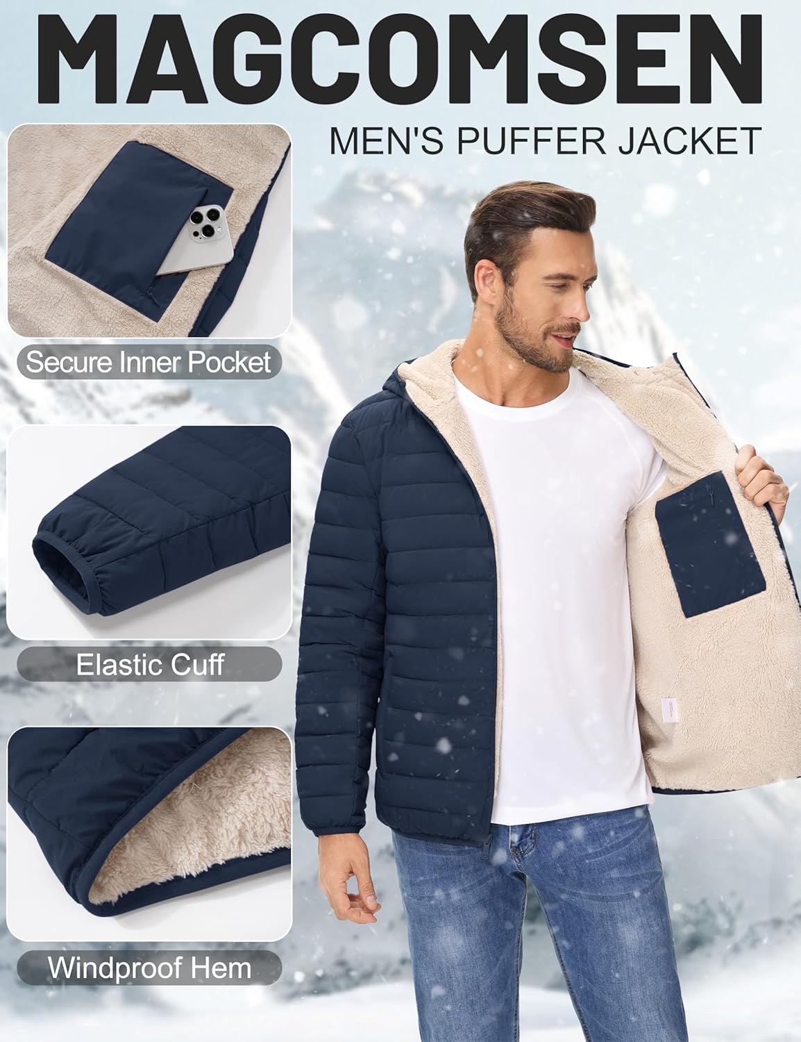 MAGCOMSEN Men's Puffer Jacket with Hood Fleece lined Warm Puffer Coats Water Resistant Down Jacket Zip Up Winter Jackets - Image 4