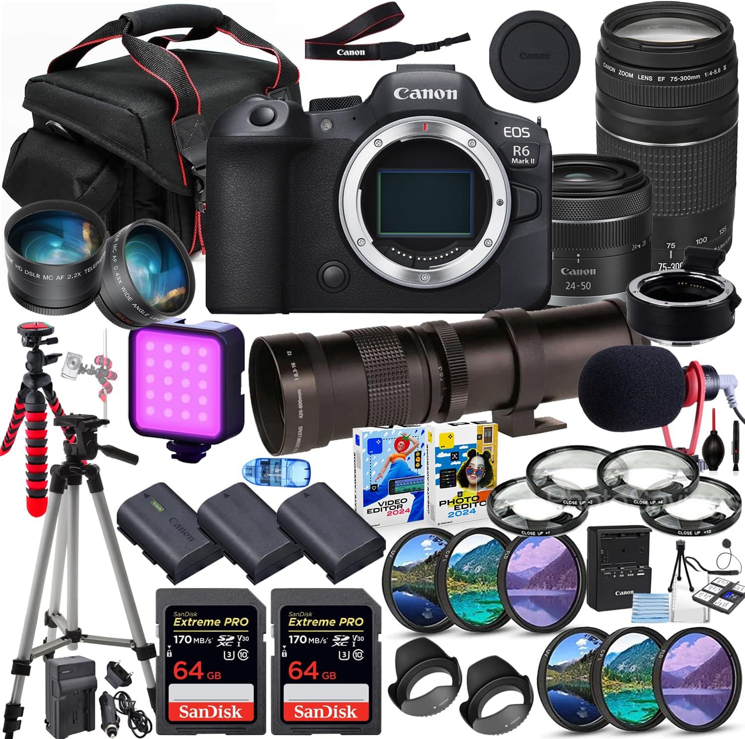 Canon EOS R6 Mark II Mirrorless Camera with 24-50mm & 75-300mm Lens Bundle + 420-800mm Telephoto + Premium Package Including 128GB Extreme Memory, Mic, LED Light, Software & More (41 Pieces) (Renewed)