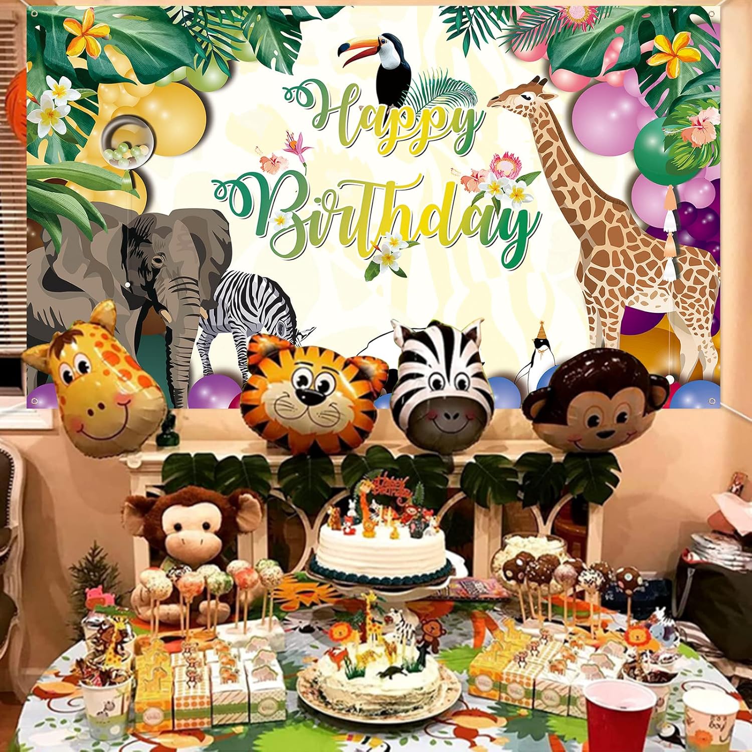 Bannière Joyeux Anniversaire Thème Jungle/safari - Guirlande Papier Avec Animaux, Décoration Fête Enfant Intérieur/extérieur