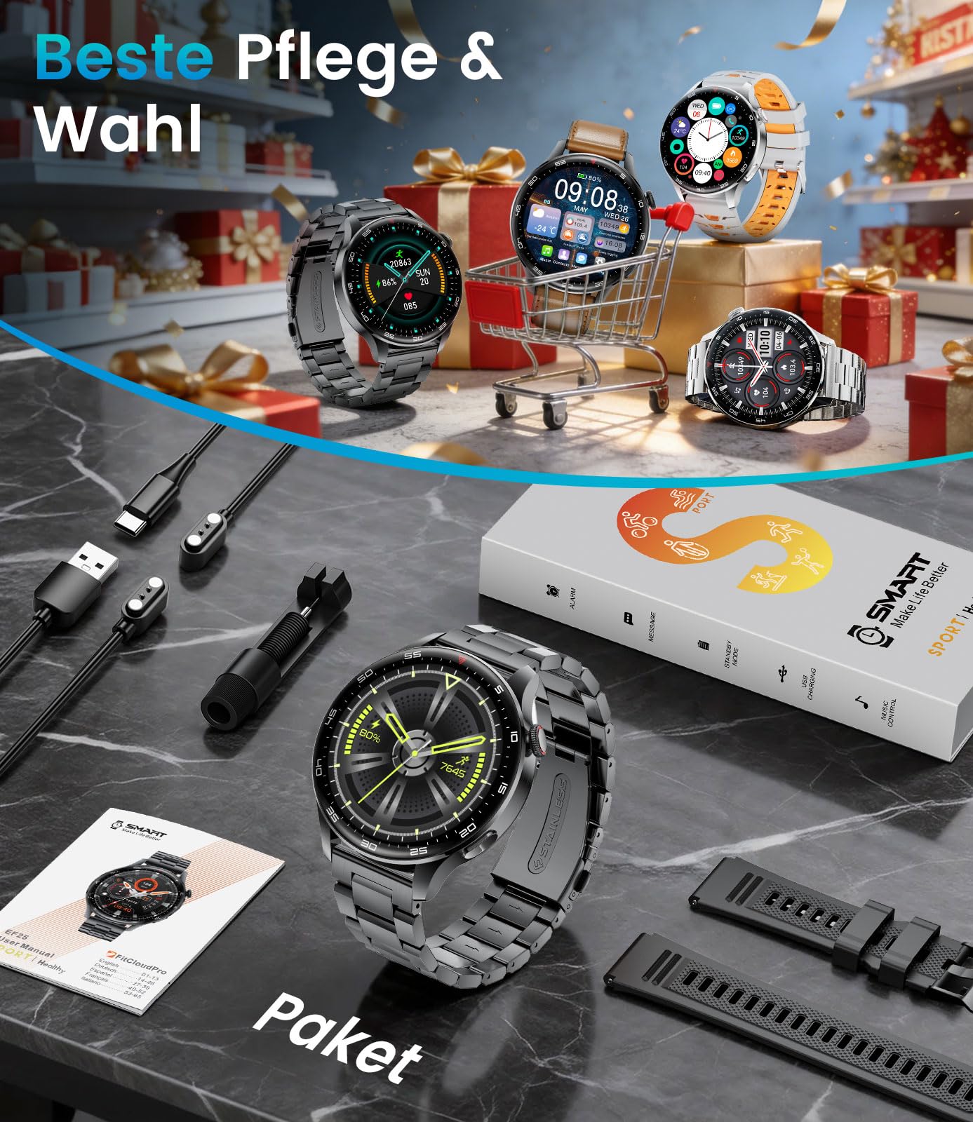 Smartwatch Herren mit Bluetooth Anrufen, 800mAh Akku 1.7" HD Bildschirm, 24/7 Herzfrequenzmessung Schlafanalyse SpO2 Messung, 110 Sportmodi IP68 Wasserdicht Kompatibel mit iOS Android Schwarz