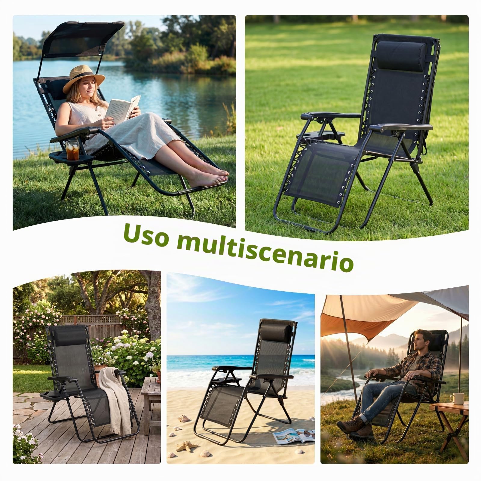 VOWNER Sedie da Giardino Pieghevoli, Set di 2 Poltrone Esterno, Nero | Poltrone pieghevoli da esterno con tettuccio parasole e porta bevande per piscina.
