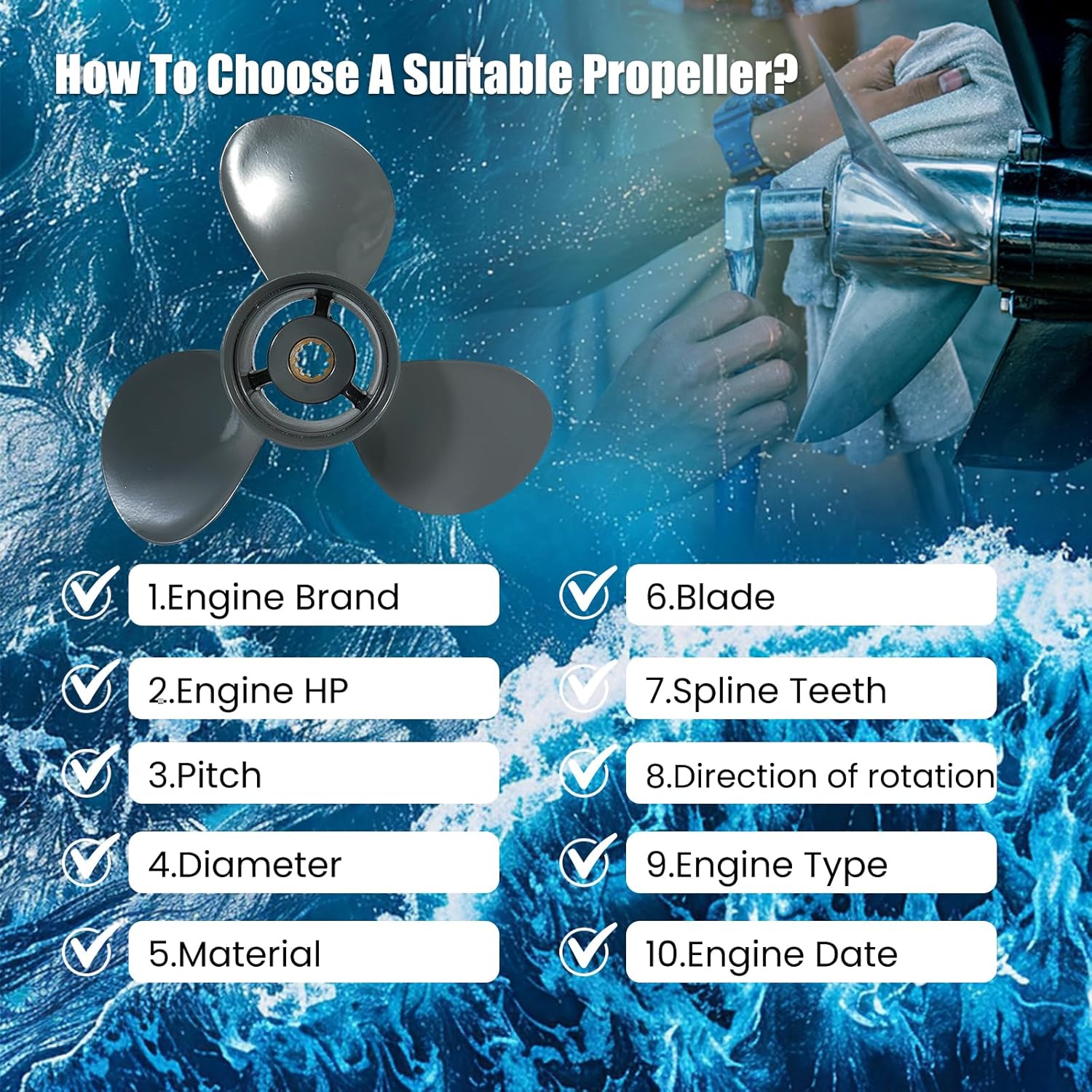 OEM Upgrade Aluminum Outboard Boat Propeller for Honda Engines 10 Spline Tooth 25-30 HP,9 1/4x12 9 7/8x9 9 7/8x10 9 7/8x11 9 7/8x12 9 7/8x13