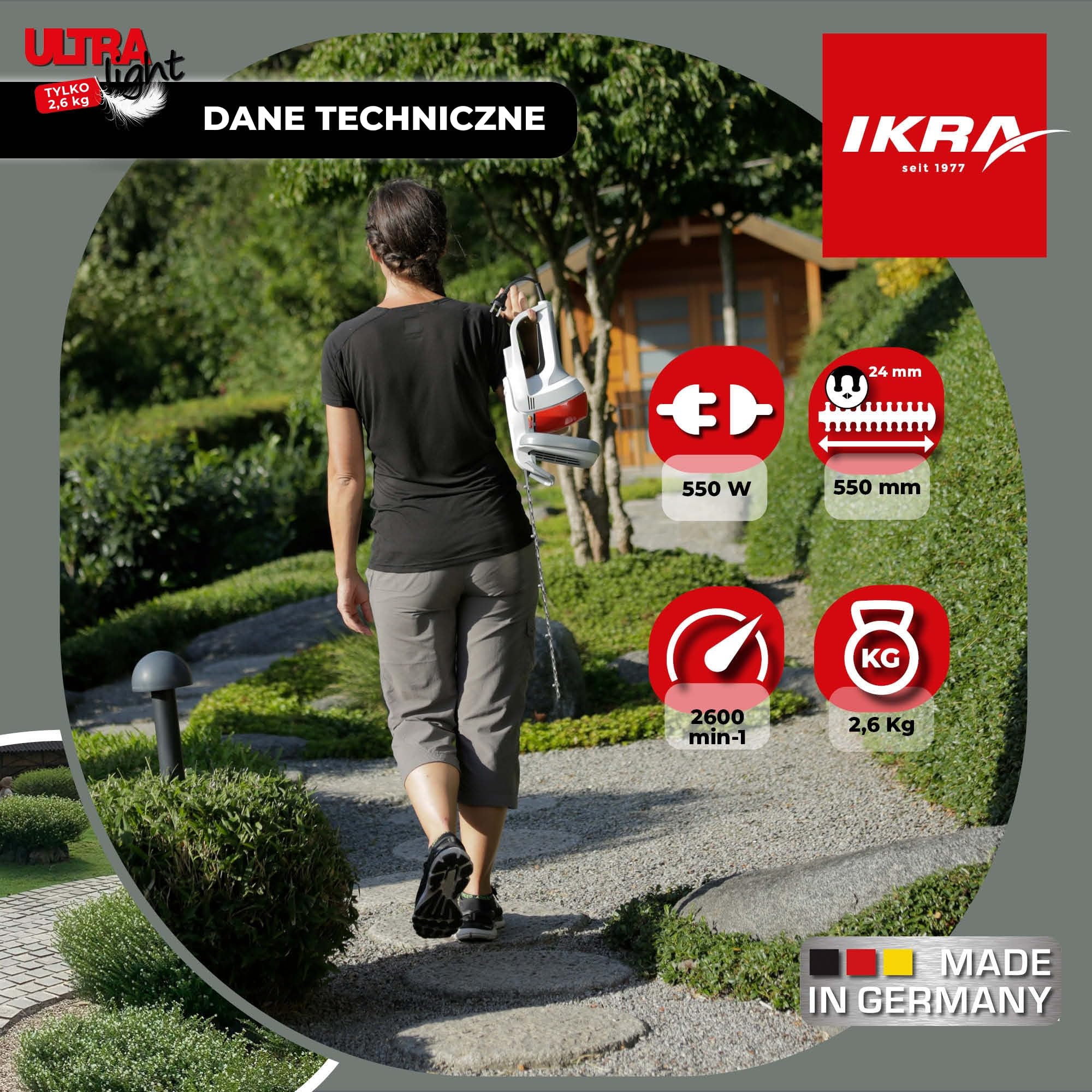 IKRA Nożyce elektryczne do żywopłotu FHS 1555, 550W,ultralekkie 2,6kg | Długość cięcia 55 cm, zabezpieczenie przed przeciążeniem i blokadą, ultralekka przekładnia, ergonomiczna konstrukcja
