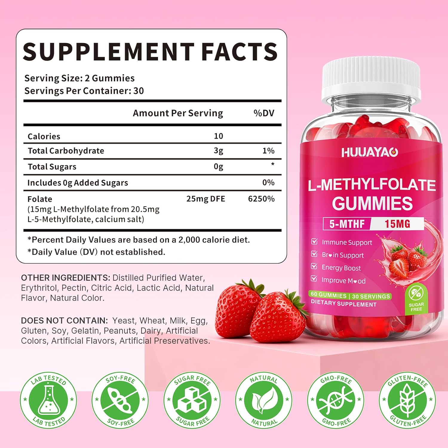 L-Methylfolate 15 mg Gummies, Methylfolate Supplement, Folate 5-MTHF Supplement for Support Mood, Brain Health, Immune System, Sugar Free, Strawberry Flavor, 60 Count - Image 2