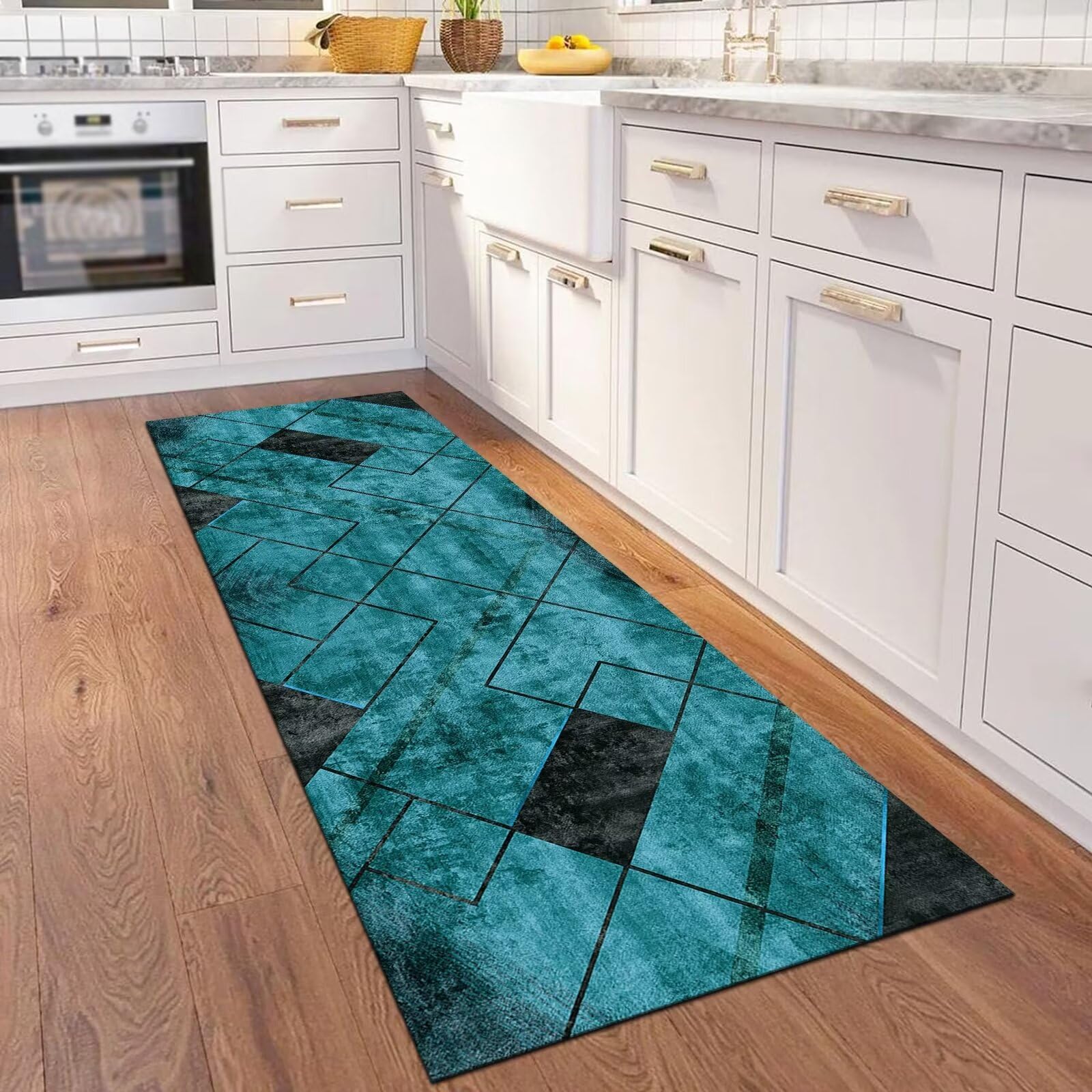 Läufer Flur Küche Waschbar rutschfest 70X140CM Teppichläufer Lang Küchenteppich Flurteppich Cyan Küchenläufer Teppichmatten Korridor Wohnzimmer Schlafzimmer Meterware Schmutzfangmatte Fußmatte