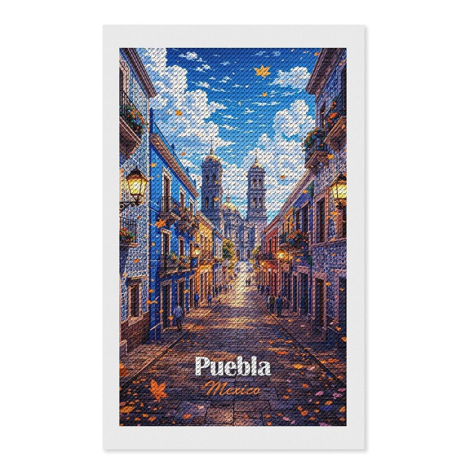 Junmoney Puebla Mexico Street Scene Diamond Painting Set 12"x20", Neat Printed Canvas, with Tool Kit, Bedroom Decor, Gift Idea, Complete Accessories