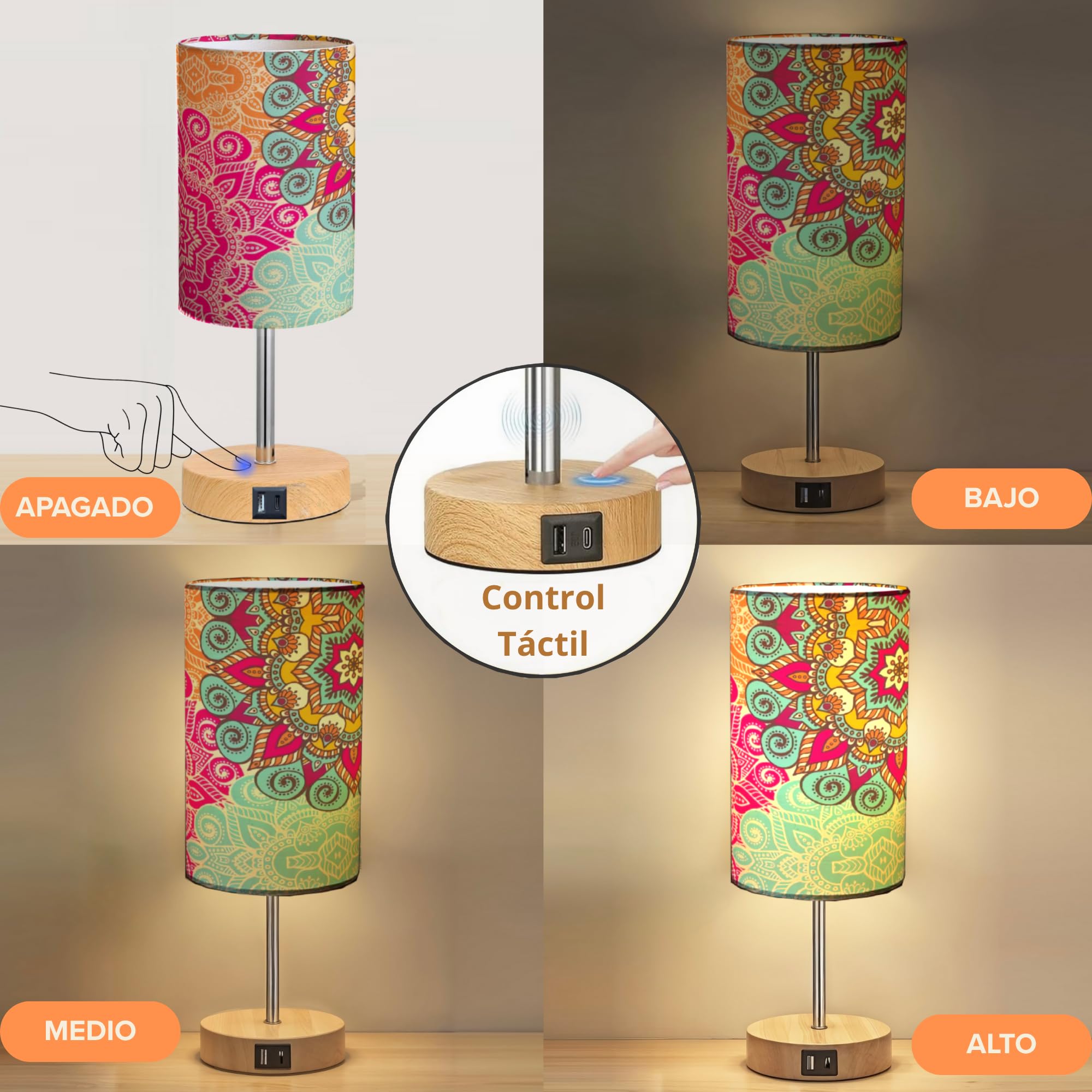 Set de 2 Lámparas de Mesita de Noche Táctiles con Cargador USB Luz Mesita de Noche Regulable 3 Niveles Lámpara Mesilla de Noche LED Dormitorio Bombillas Incluidas Pack Regalo Premium Candeeiro de Mesa