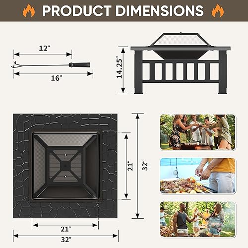 Miniatura 3 de Greesum Mesa multifuncional para fogata de patio, estufa cuadrada de metal de 32 pulgadas, chimenea de jardín con tapa de pantalla de chispas y