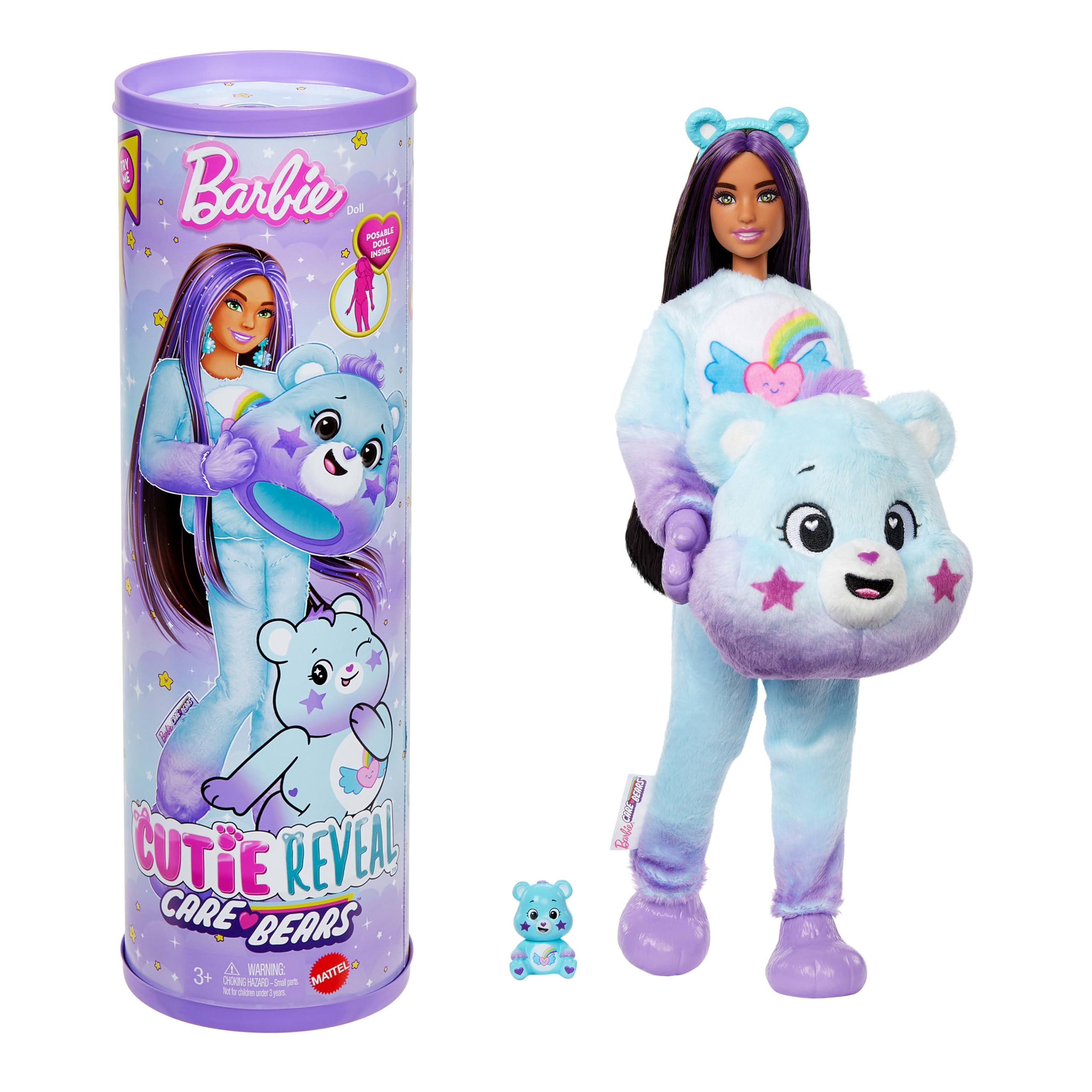 Barbie - Dream Bright Bear, bambola Cutie Reveal Care Bears Serie 2 con costume in peluche e mini orso, 10 sorprese e accessori con effetto cambia colore, giocattolo per bambini, 3+ anni, JFV61