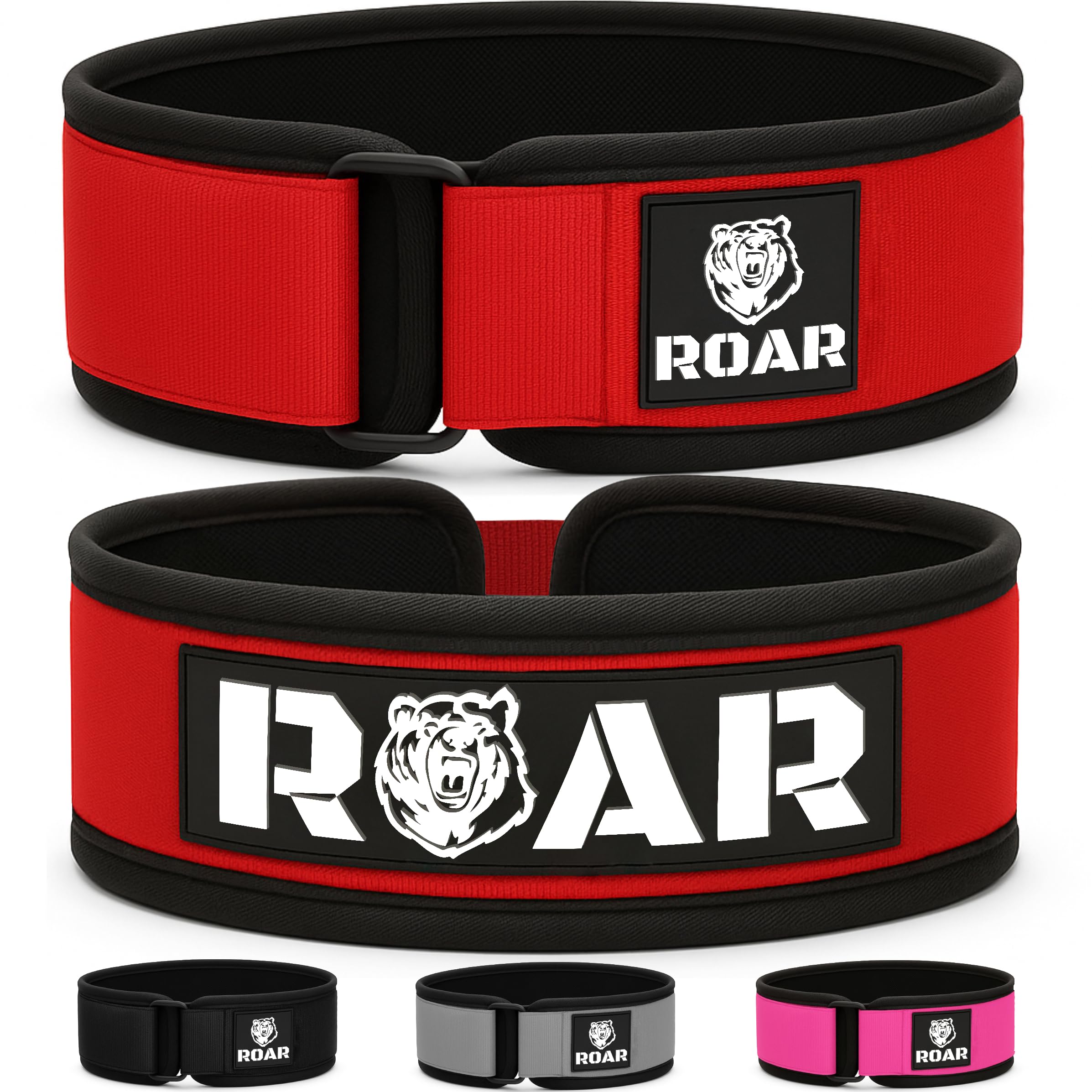 Roar® Cinturón Lumbar Gimnasio, Cinturon Gimnasio Hombre y Mujer, Cinturon Halterofilia, Powerlifting, Levantamiento Peso, Musculacion, Cinturon Gym Hombre, Cinturon Pesas (Rojo, L)