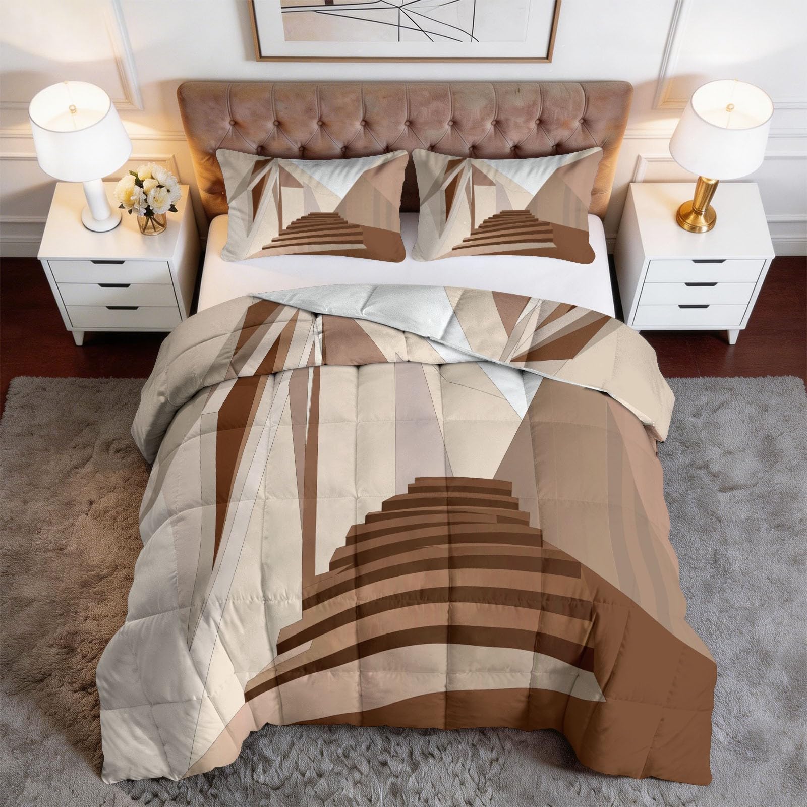 Piumone Invernale Matrimoniale 220 x 240 cm Surrealismo Architettura Scala Trapunta in Ecopiuma 400 gr/mq, Caldo ed Elegante – Biancheria da Letto Anallergica e Traspirante – Set 3 Pezzi, Beige