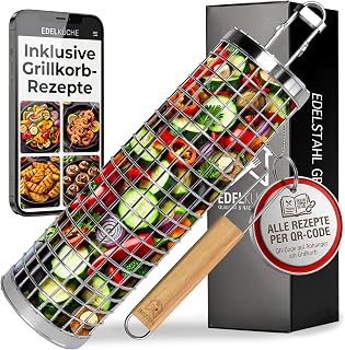 Premium Grillkorb (XXL) aus Edelstahl für Gemüse und Fleisch | Rund, Zylindrisch | Grillzubehör | super Geschenk