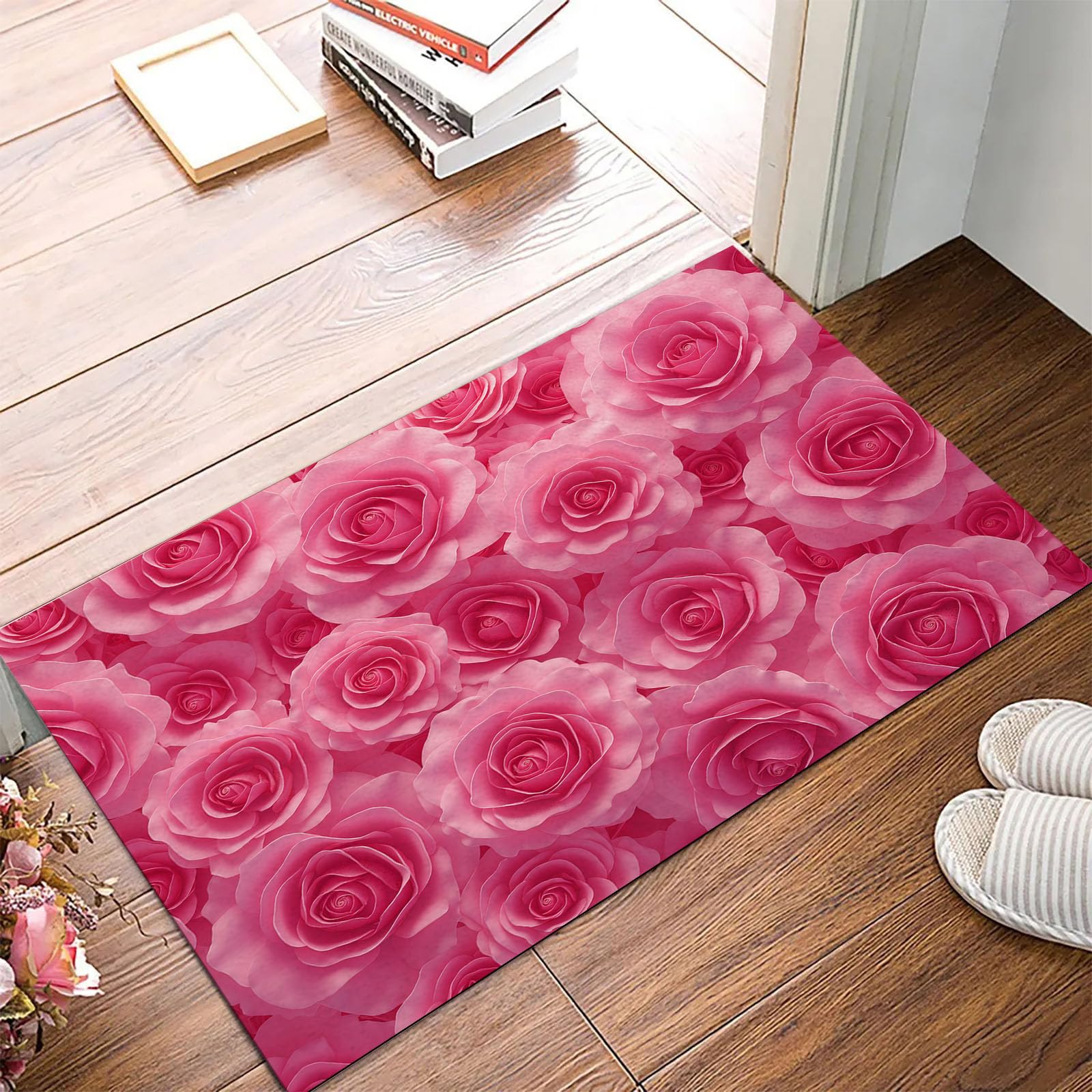 Tapis Entree Interieur Romantique Floral 60x90cm Lavable en Machine, paillasson AntidéRapant Poil Ras, Aquarelle Rose pour Chambre Salle a Manger Cuisine, Rose Vif