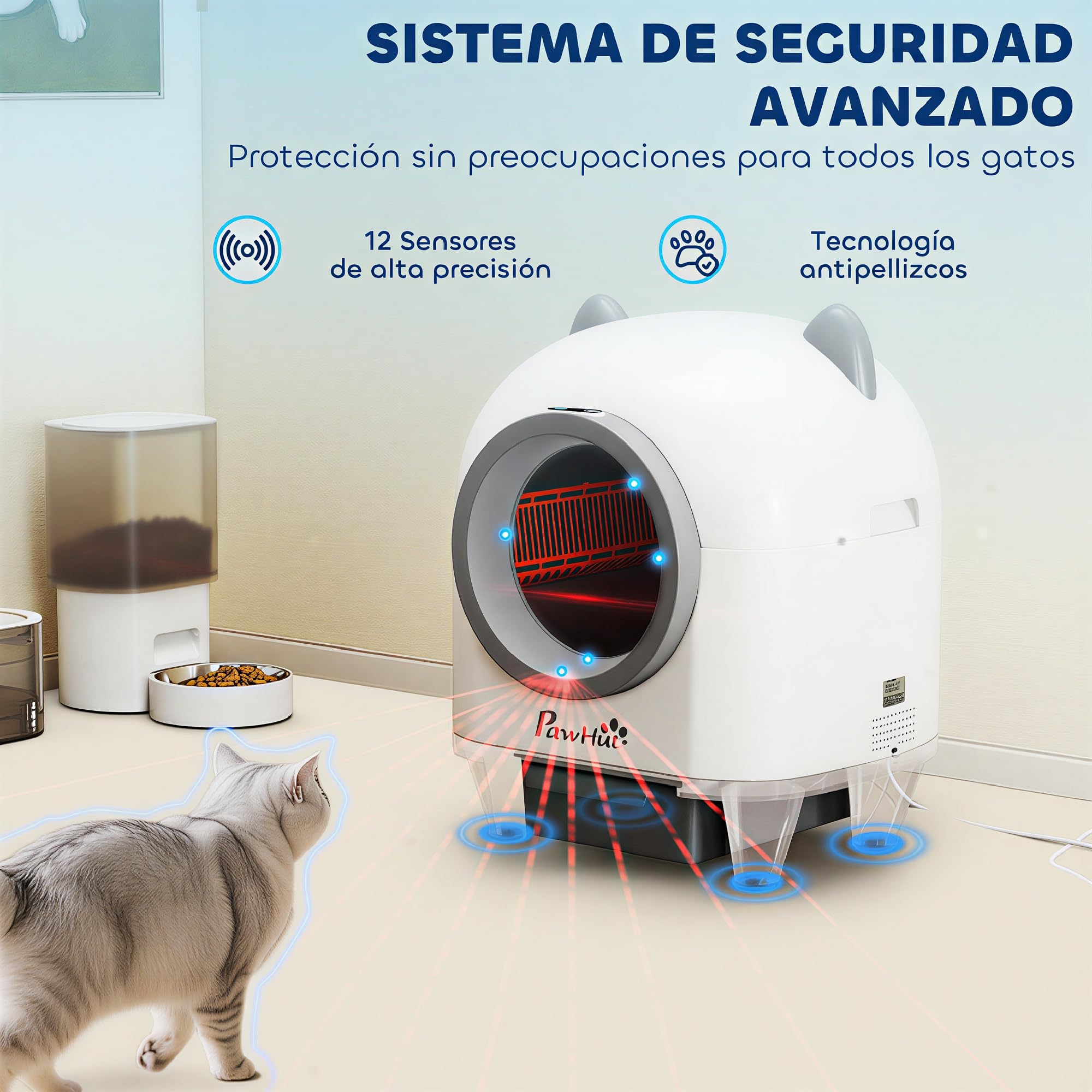 PawHut Arenero Gatos Autolimpiable 80L con Eliminación Olores Control App | Protección Seguridad, Arenero Autolimpiable, Incluye 1 Rollo Bolsas Basura