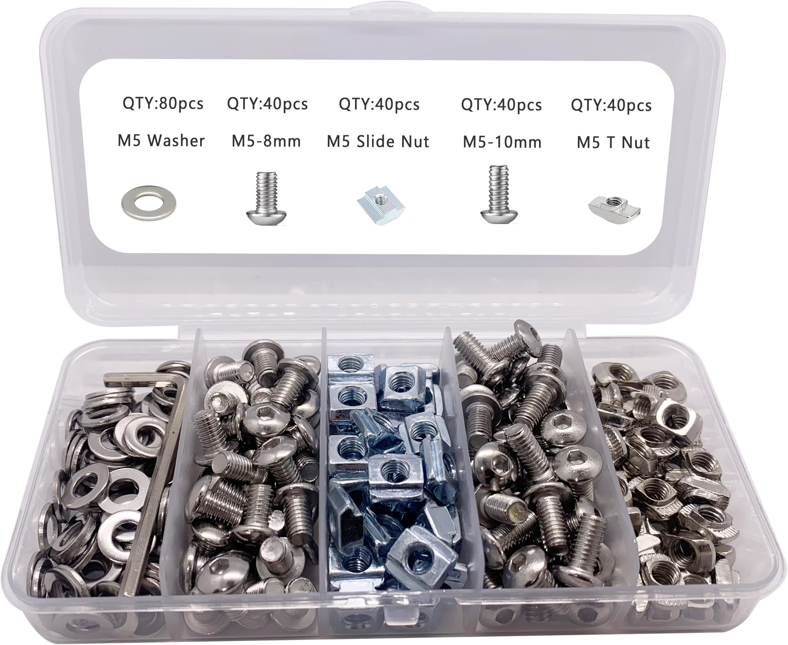 200pcs M5 T-Nuts Screws Kit for 2020 2040 8020 Series Aluminum Extrusion,40Pcs M5x10,40Pcs M5x8 Hexagon Socket Screws,40Pcs M5 T Sliding Nut,40Pcs M5 T Nut,40Pcs Washers