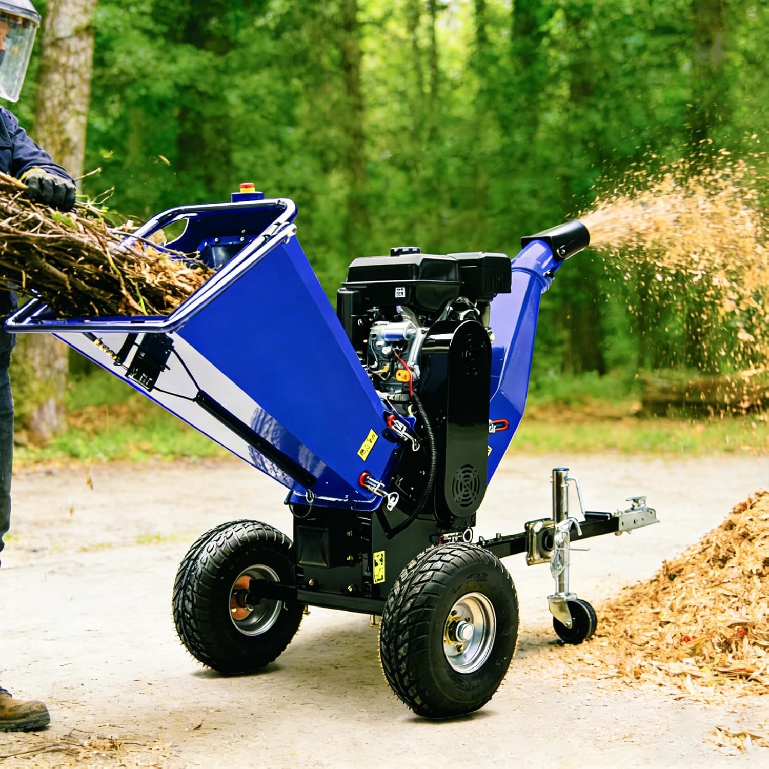 6-Inch Gas Powered Wood Chipper with E-Start, 420cc 15HP Leaf Branch Shredder Mulcher with 2'' Coupler Tow Hitch, Jockey Wheel, Towable Wood Chipper Shredder