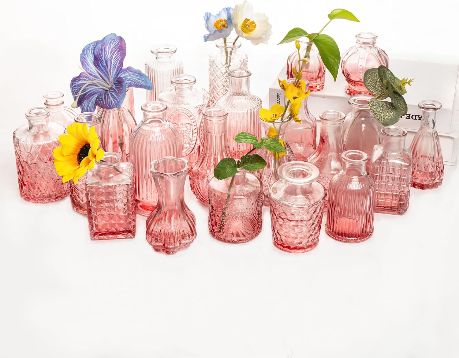 UMEIED 24 Pack Glass Bud Vases in Bulk for Centerpieces, Clear Vintage Decorative Small Vases for Flowers, Wedding Rustic Home Table Decor (Pink)