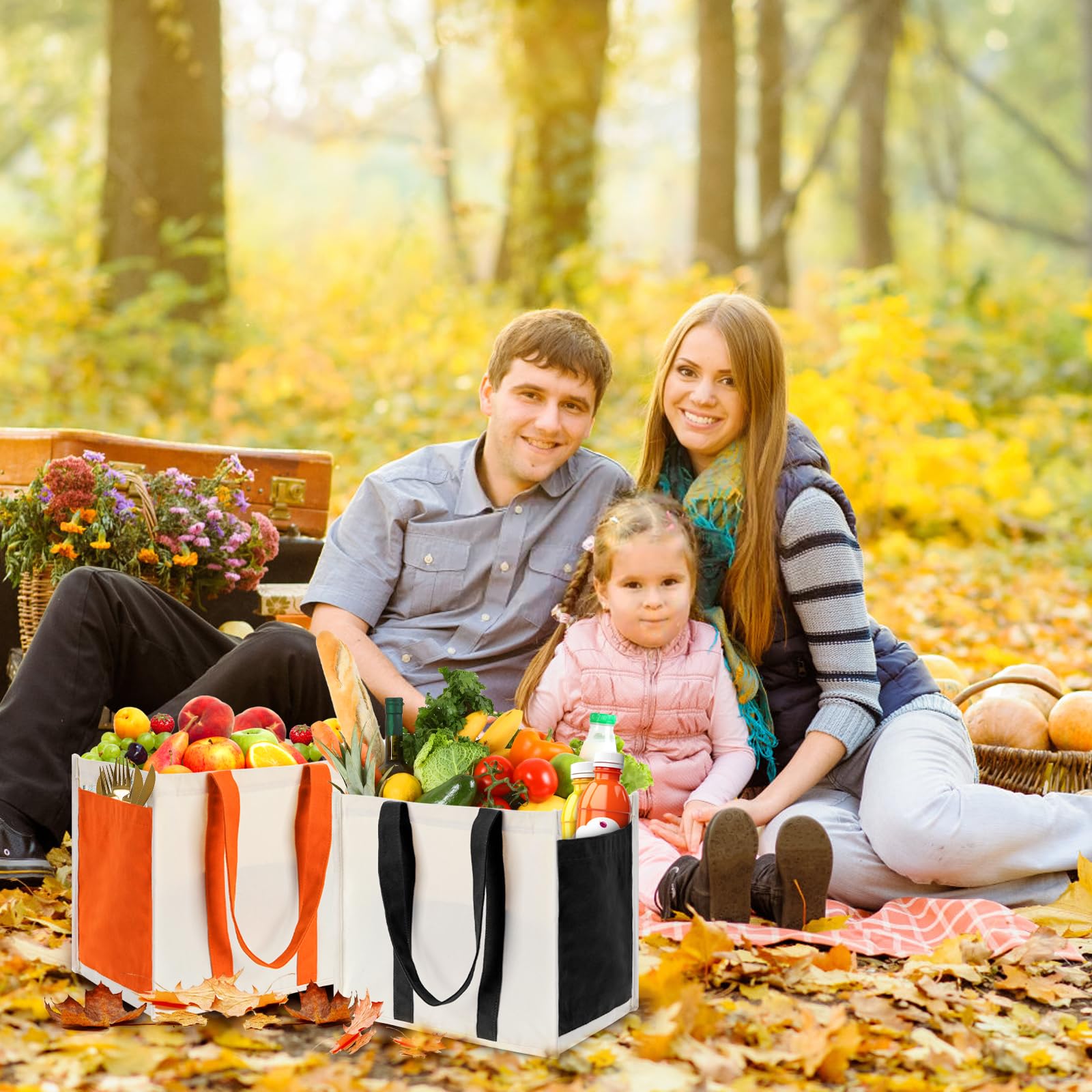 Covzoe Confezione da 4 borse della spesa riutilizzabili in tela, borsa per la spesa pieghevole con tasche laterali, borse in tessuto resistente con manico, grande borsa multiuso per shopping,