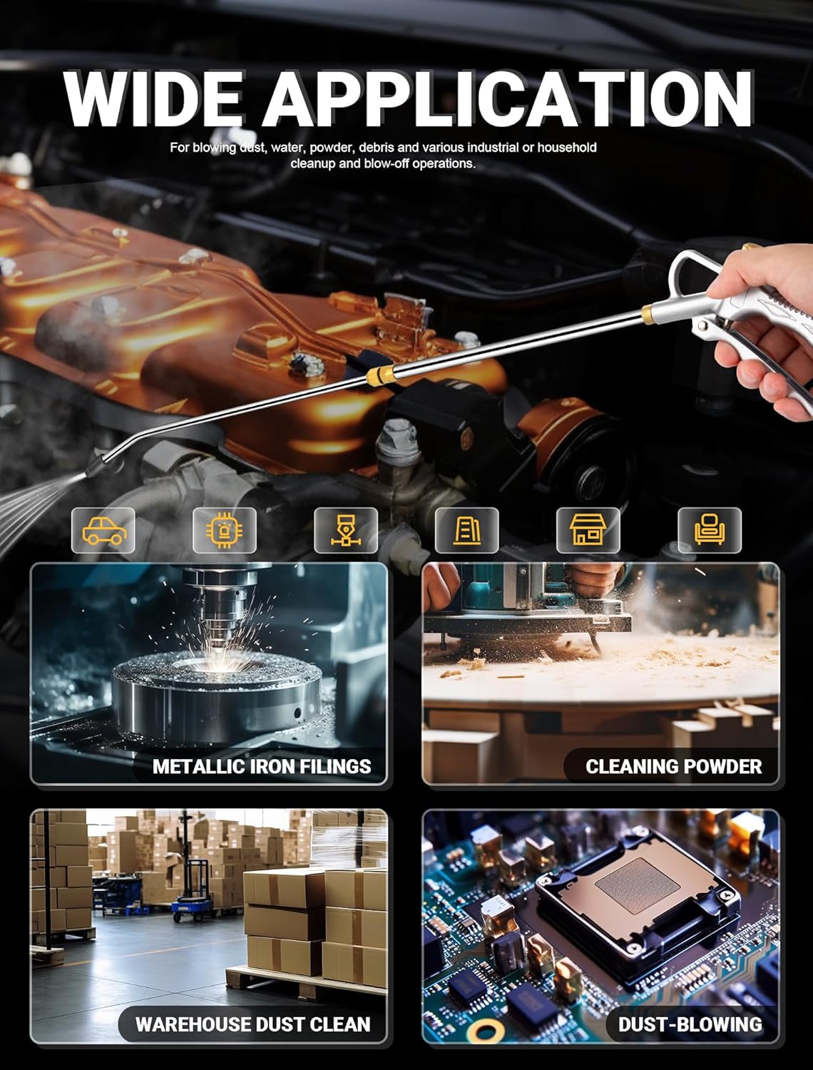 Examples of wide applications for the JASTIND A9177 Air Blow Gun, including cleaning car interiors, engine compartments, and industrial areas.