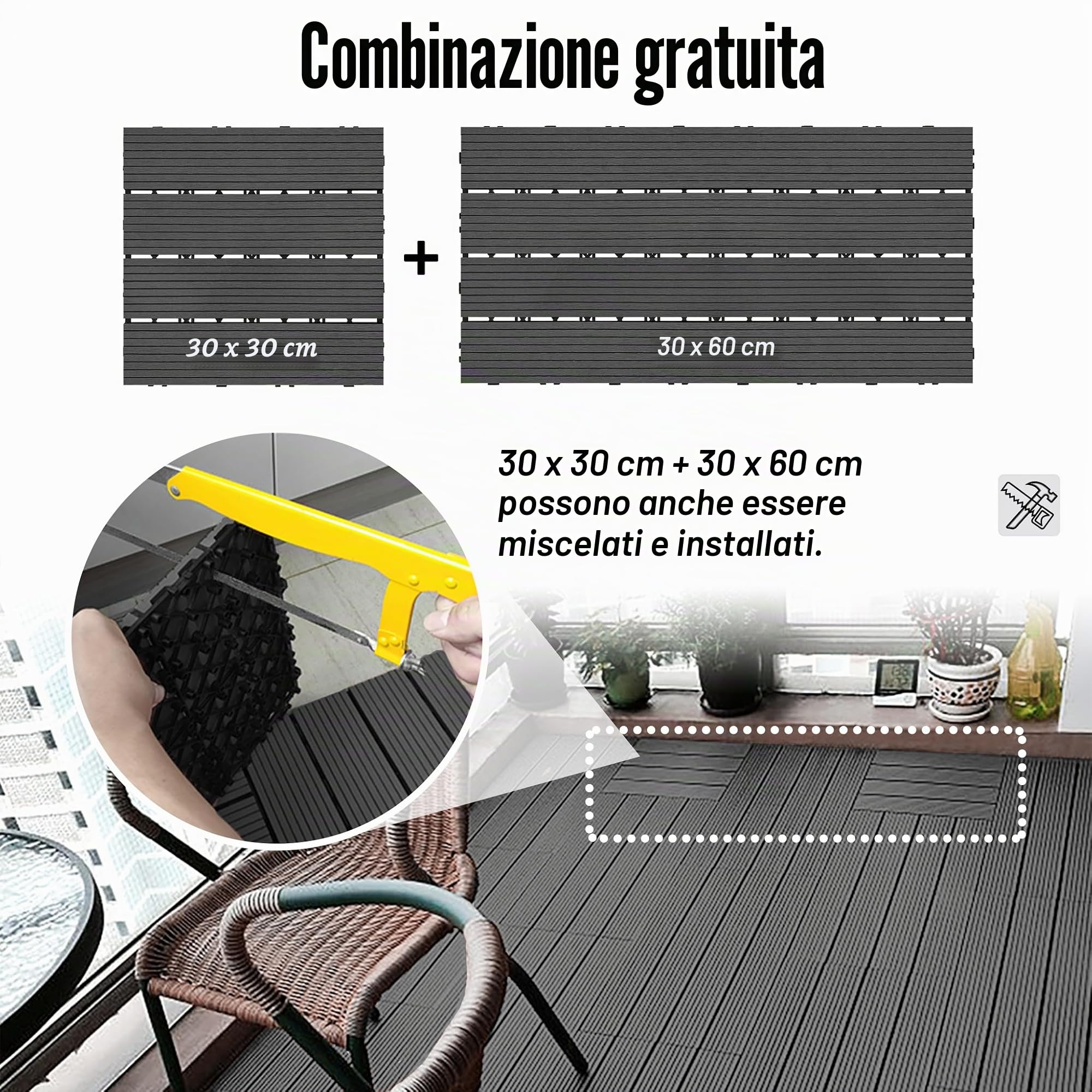 WPC - Piastrelle per terrazze, 60 x 30 cm, effetto legno, con rete di drenaggio in plastica, resistente alle intemperie, set da 6 pezzi, per pavimenti da 1 m², per esterni, balcone, terrazza,