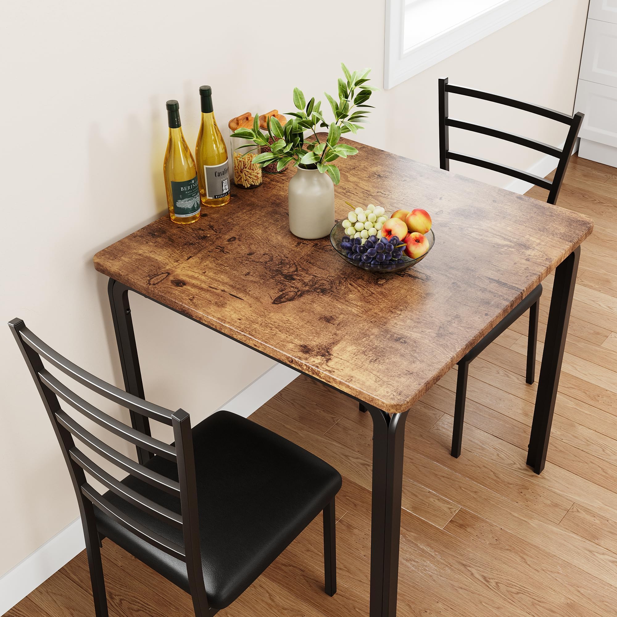 3-teiliges Küchentisch-Set, Tisch und Stühle für 2, quadratischer Esstisch aus Metall und Holz mit 2 gepolsterten Stühlen, Esstisch für kleine Räume (Braun+schwarz 2)