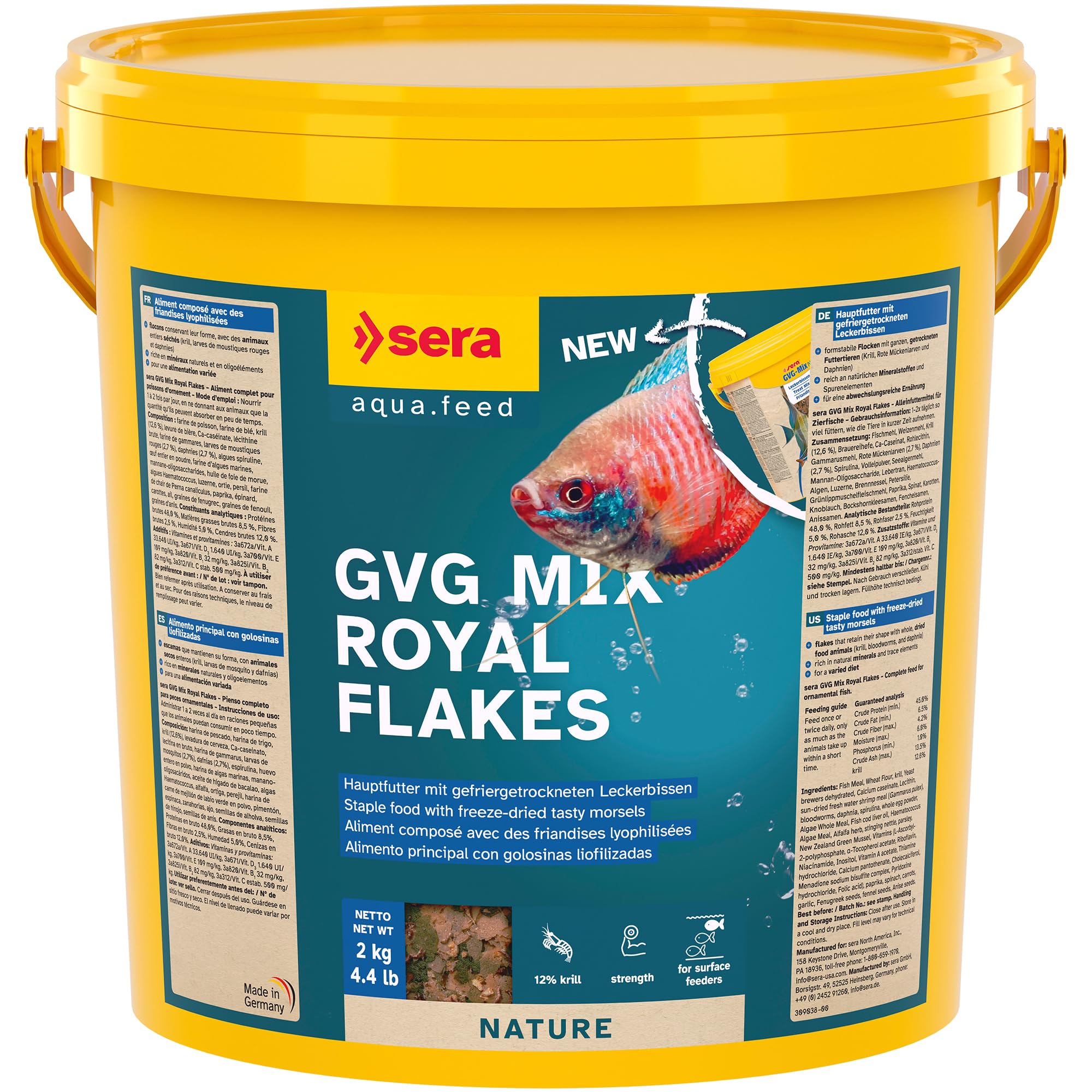 sera gvg Mix Nature 10 L (2 KG) | friandise pour Tous Les Poissons d'ornement | sans colorants ni conservateurs | avec 12% de Krill | Flocons Stables et Animaux Entiers séchés