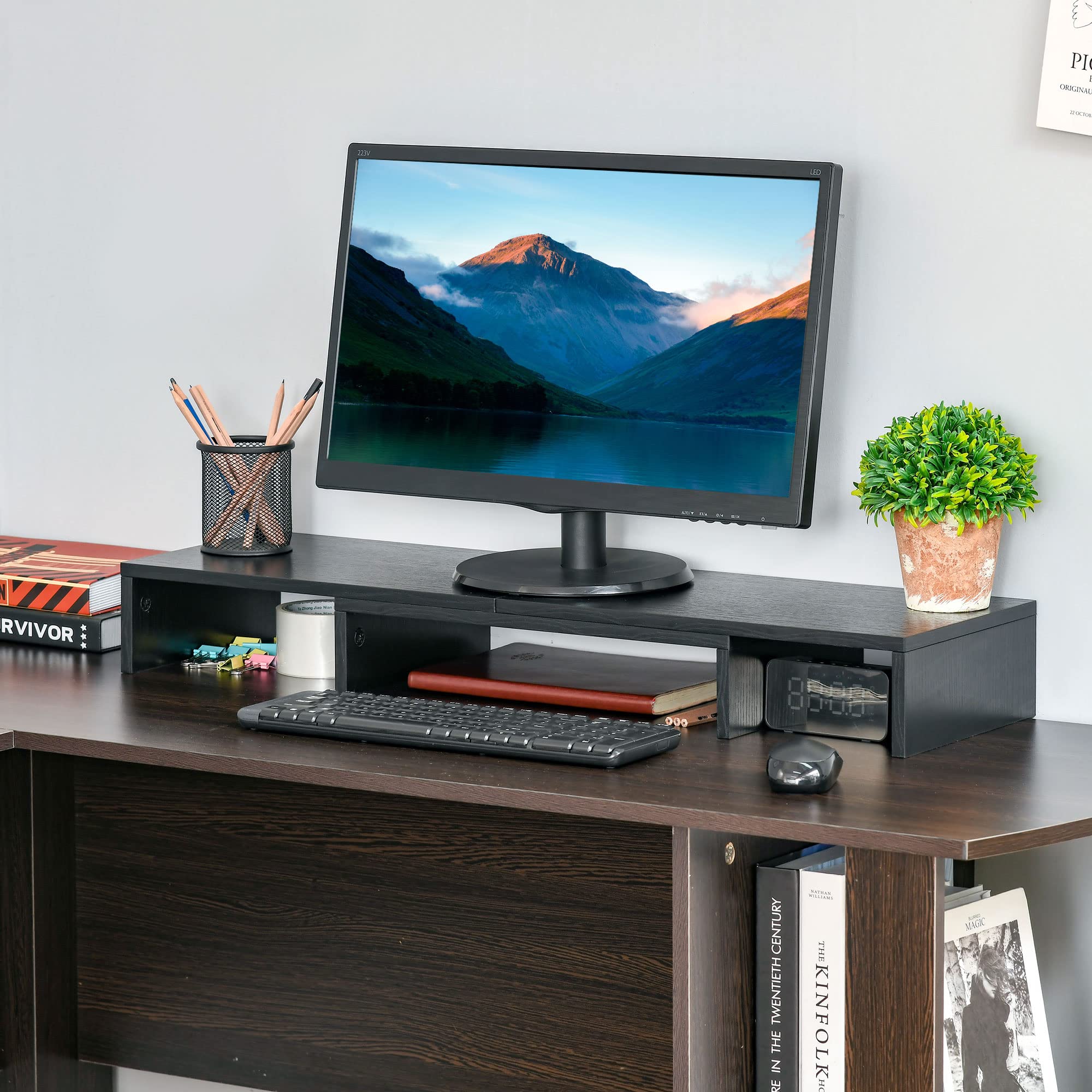 Vinsetto Soporte Elevador para Monitores de Madera Ajustable en Longitud y Ángulo para 2 Pantallas de Ordenador Portátil 80-117x23,5x10 cm Negro