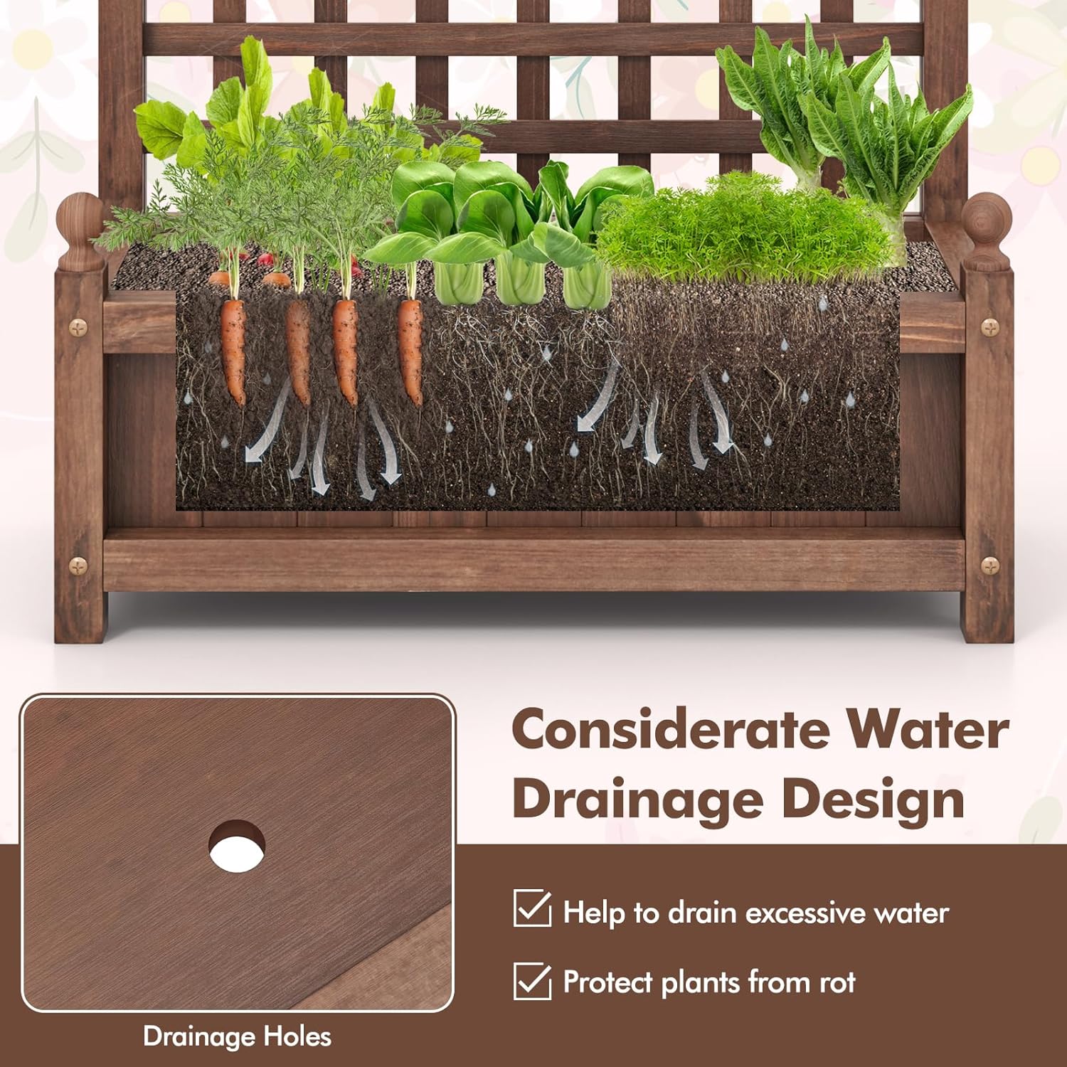 Raised Garden Bed with Trellis, Wooden Planter Box with Drainage Holes, Outdoor Gardening Planter for Flowers, Herbs, Vegetables, Fruits & Climbing Vines