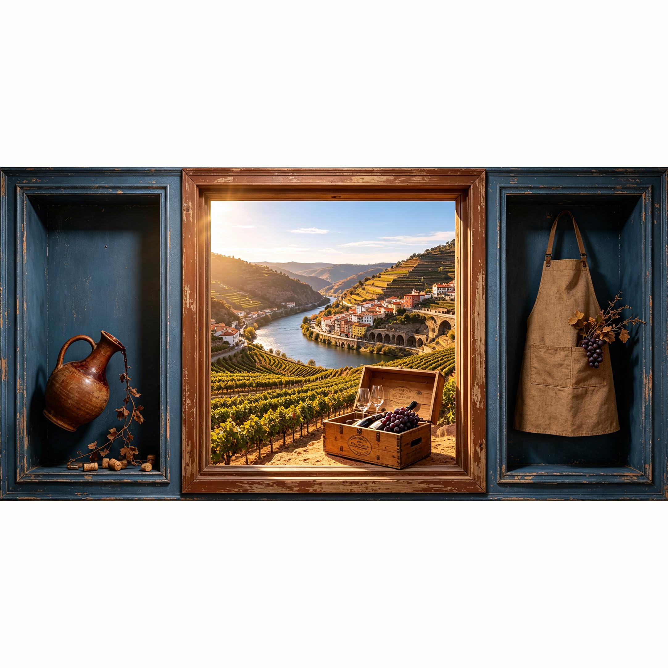 QZLITHOTIC 50x100cm 3D Framed Wall Art， Tuscan Vineyard Landscape Wine Bottle Grapes Self‑Adhesive Mural， Water‑Activated Peel & Stick Fabric Decor Wall Decal for Bedroom Living Room