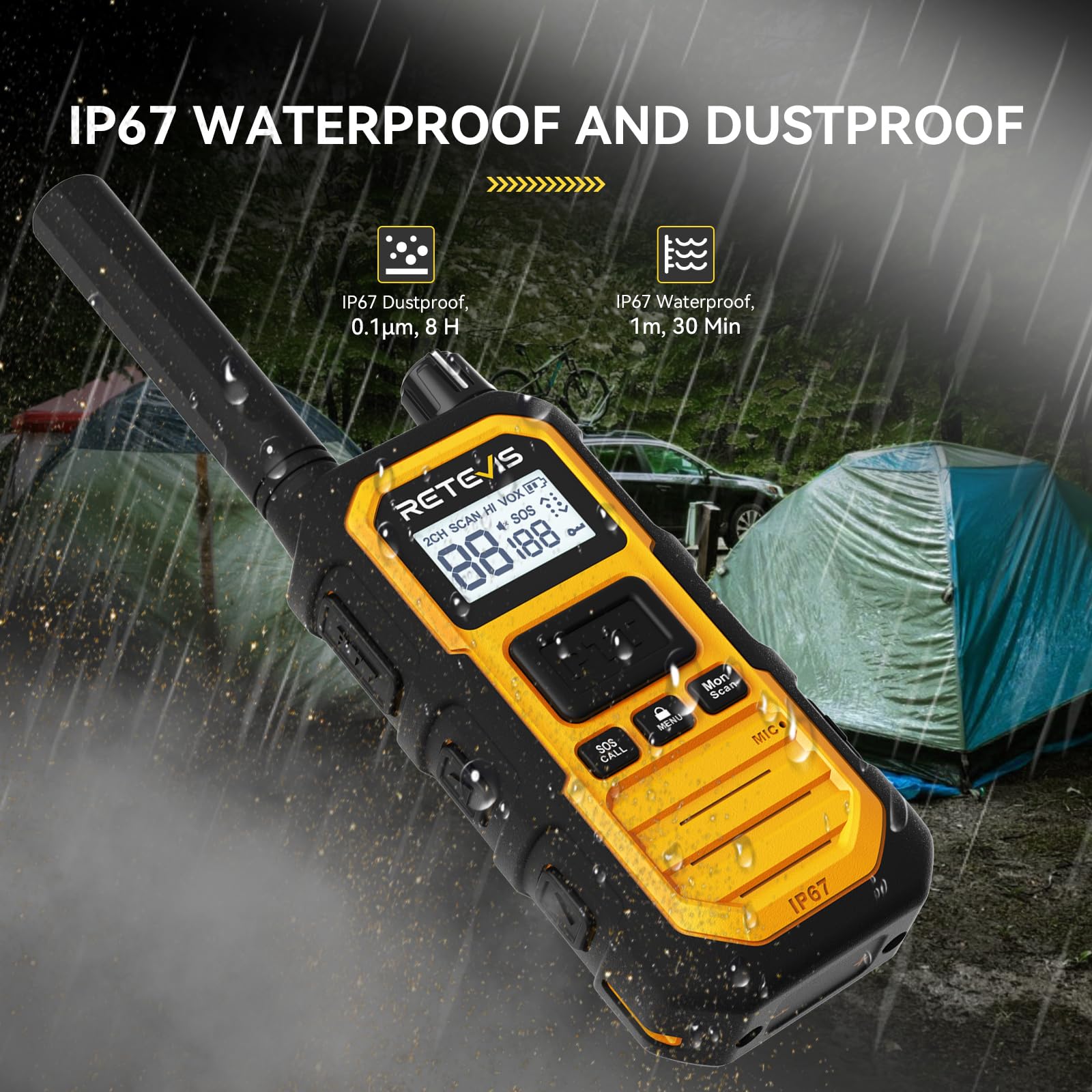 Retevis RB648 Plus Talkie Walkie Longue Portée, Radio Bidirectionnelle Étanche IP67, 2000mAh, Alarme d'urgence, Talkie-Walkie Professionnel de Mise à Niveau pour Le Camping (2 Pièces, Jaune)