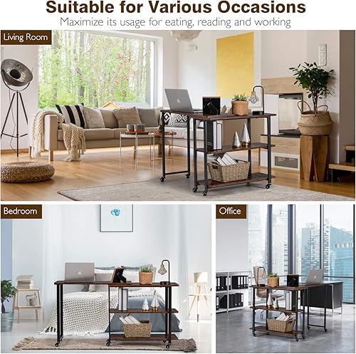 Miniatura 7 de GORELAX Mesa auxiliar giratoria de 360, mesa auxiliar móvil con estantes de almacenamiento de 2 niveles y marco de metal, escritorio de esquina para