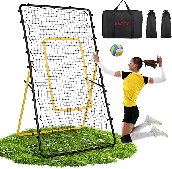 Adjustable Volleyball Rebounder Net 4x7 ft, Portable Bounce Back Volleyball Training Equipment, with Handbag, 2 Sandbags, 4 Metal Stakes for Lacrosse Rebound, for Baseball, Soccer Practice